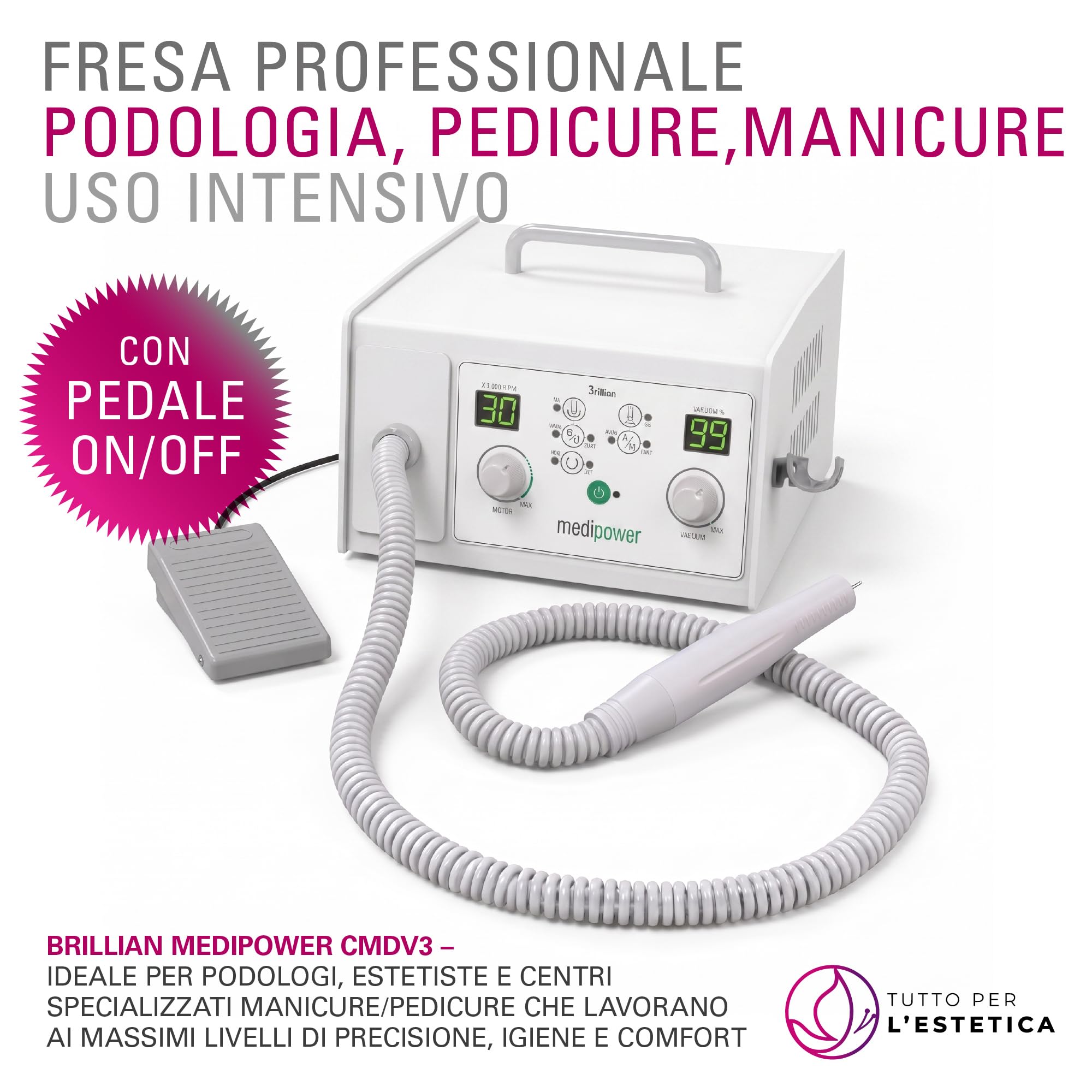 Fresa per Unghie Professionale MediPower CMDV3 Brillian 30000 Giri, 1,6 Kg