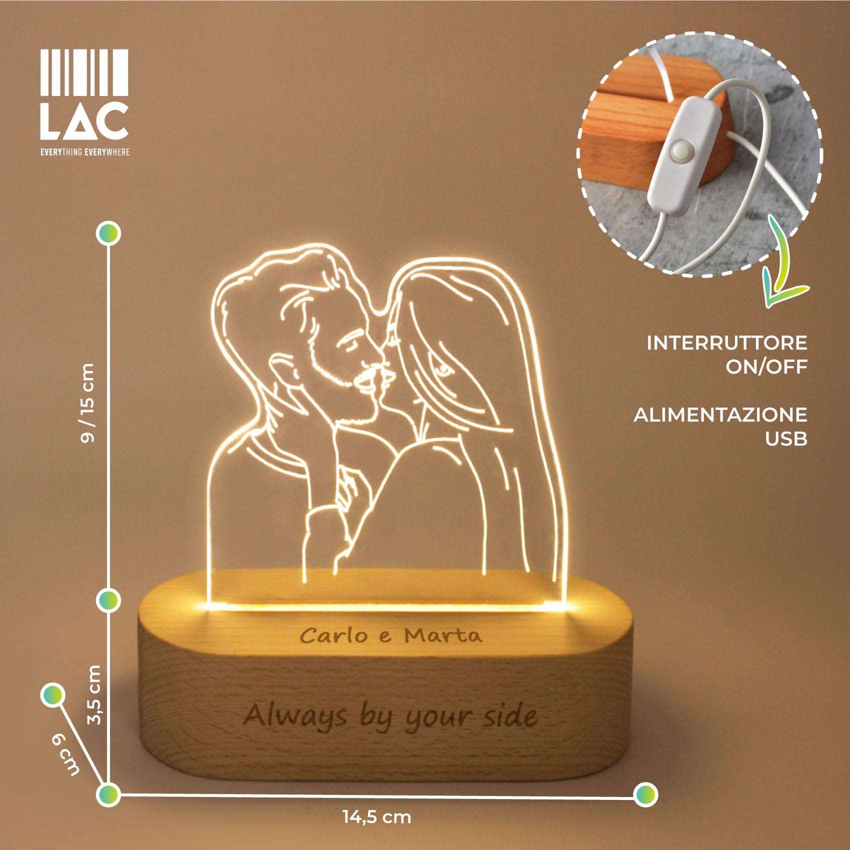 LAC Lampada Personalizzata con Foto 3D - Lampada da Personalizzare Incisa su Plexiglass e Base in Legno | Cornice con foto Personalizzata, Regalo Personalizzato per Coppia, Famiglia o Amici