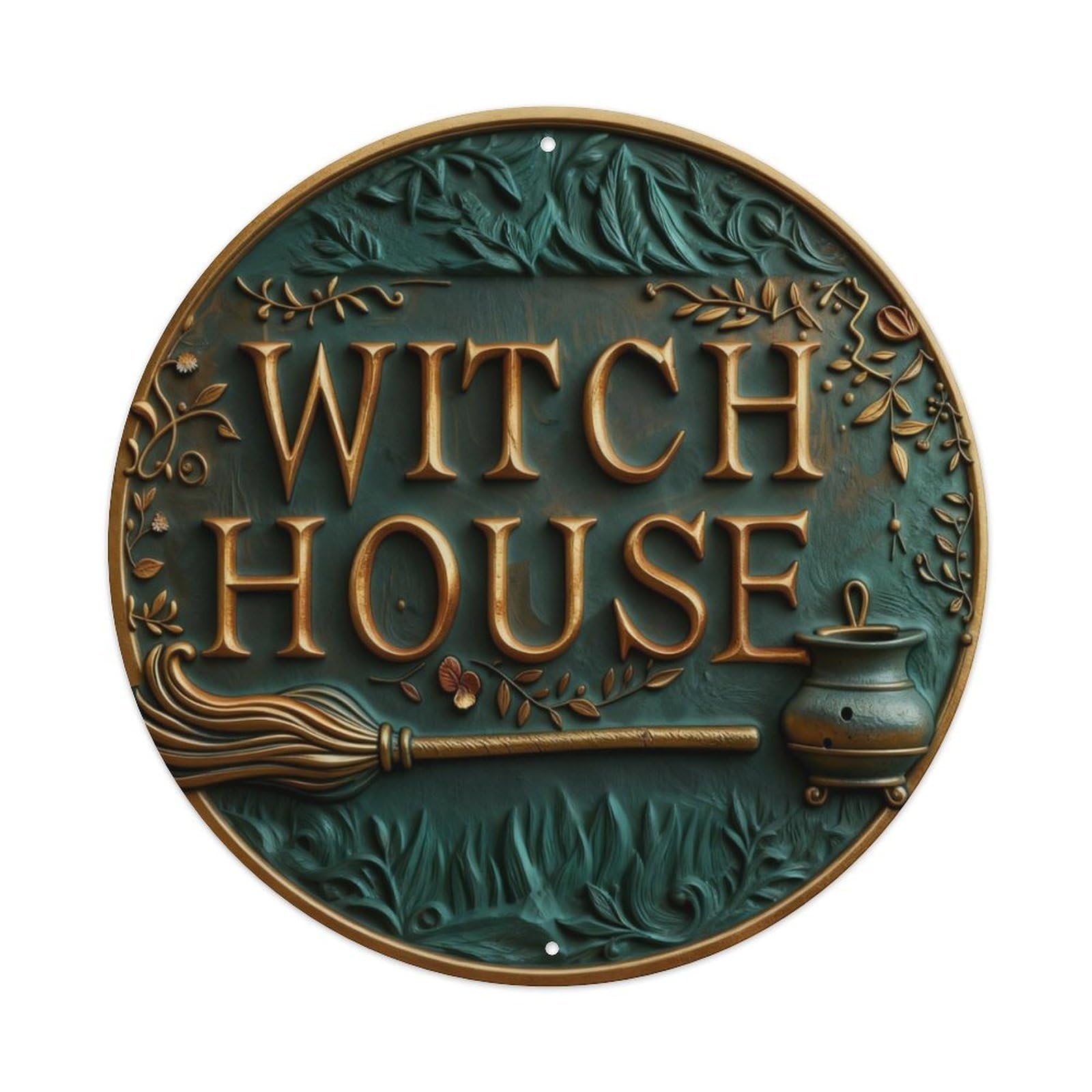 Zlatcbu Vintage Witch House Sign With Broom And Cauldron Metal Tin Sign Retro Wall Art Poster, Decor For Home Living Room Bar Cafe Garage, 8X8 Inch