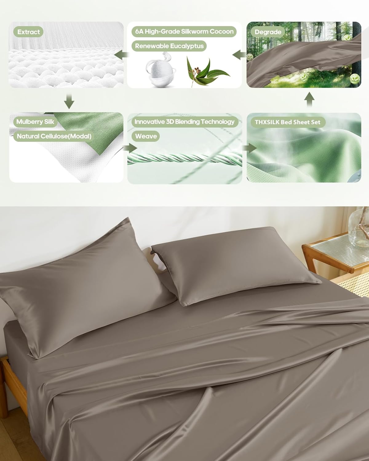 THXSILK Silk Sheet Set 4 Pcs, King Size Sheet Set, Soft Breathable Cooling Bed Sheets with 1 Flat Sheet, 1 Fitted Sheet, 2 Pillowcases with Zipper Closure, Charcoal