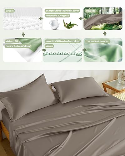 Miniatura 4 de THXSILK Juego de sábanas de seda de 4 piezas, juego de sábanas de tamaño matrimonial, sábanas suaves y transpirables con 1 sábana encimera, 1 sábana