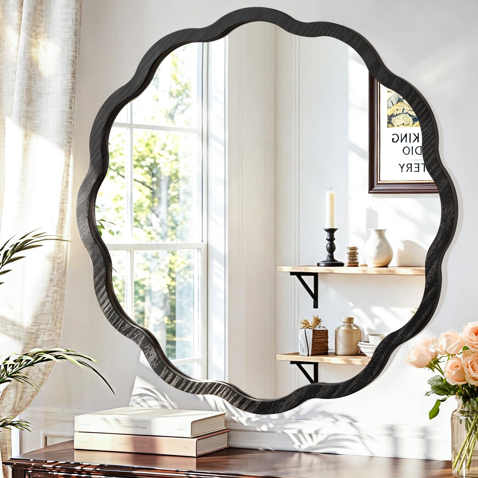JJUUYOU Wall Mirror Black Wavy Wood Framed Round Mirrors 40CM