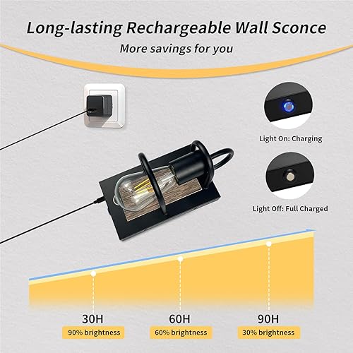 Miniatura 4 de Luces de pared vintage a pilas con acabado de madera sintética, lámpara de pared regulable, sin cableado, fácil de instalar, aplique de pared