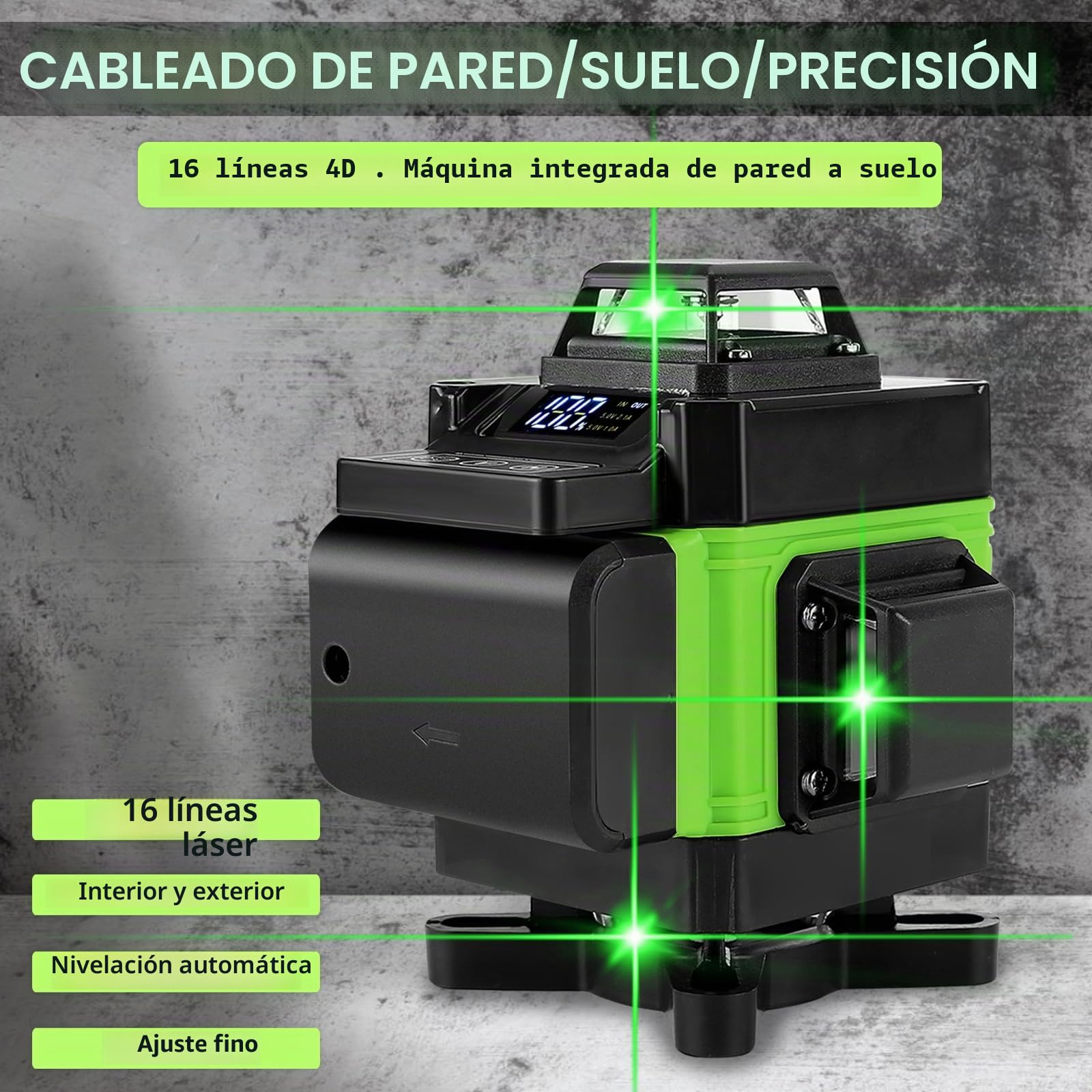 Nivel Láser 16 lineas, 4 x 360 Nivel Laser Autonivelante Verde 25m Alcance, Con1.5m Trípode,2 * 2400 mAh, Soporte de Pared, Plataforma Elevadora, Control Remoto (Verde)