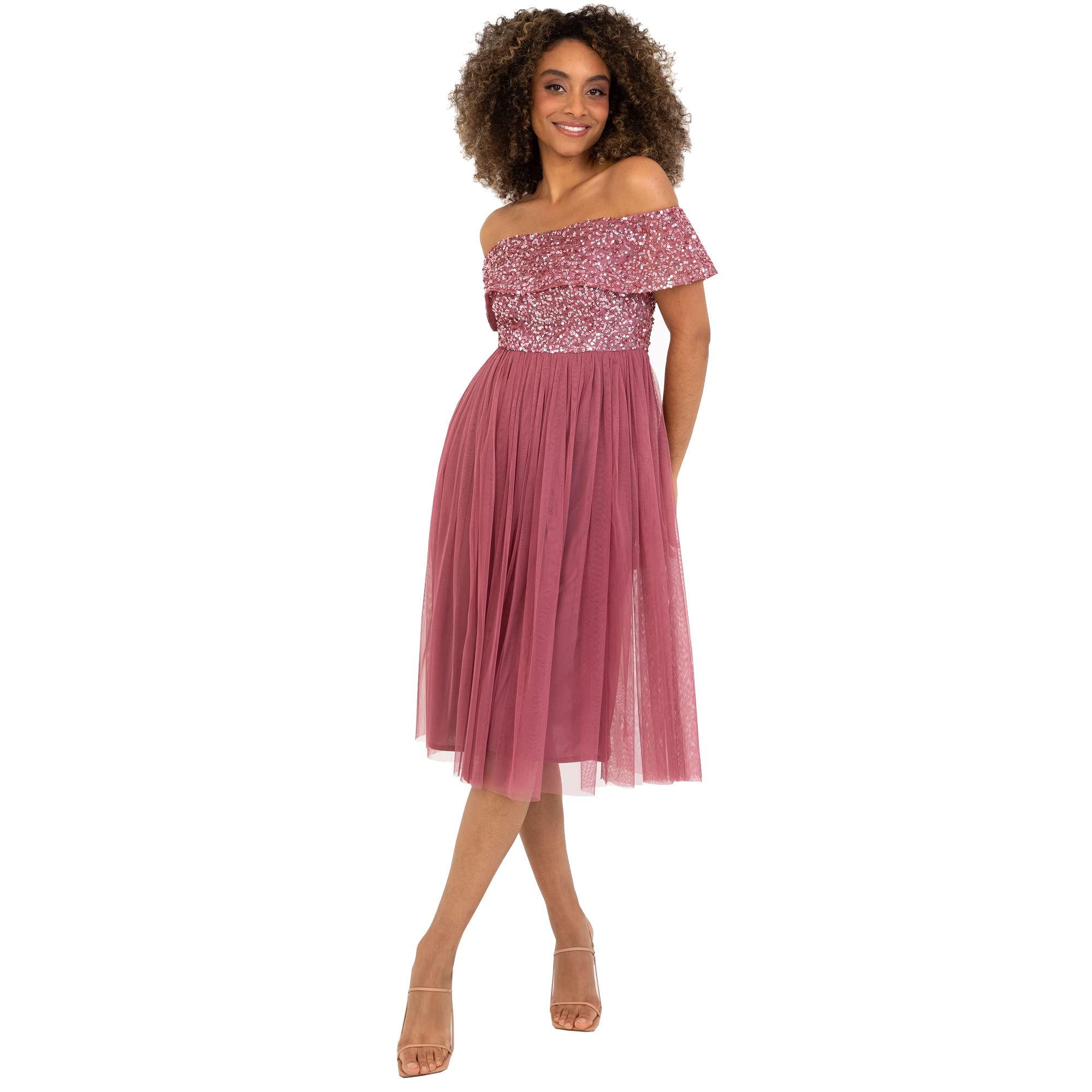 Maya Deluxe Ladies Bardot Dresses Women Midi High Empire Sequins Embellished Formalny wieczór na wesele dla gości sukienka druhny dla kobiet