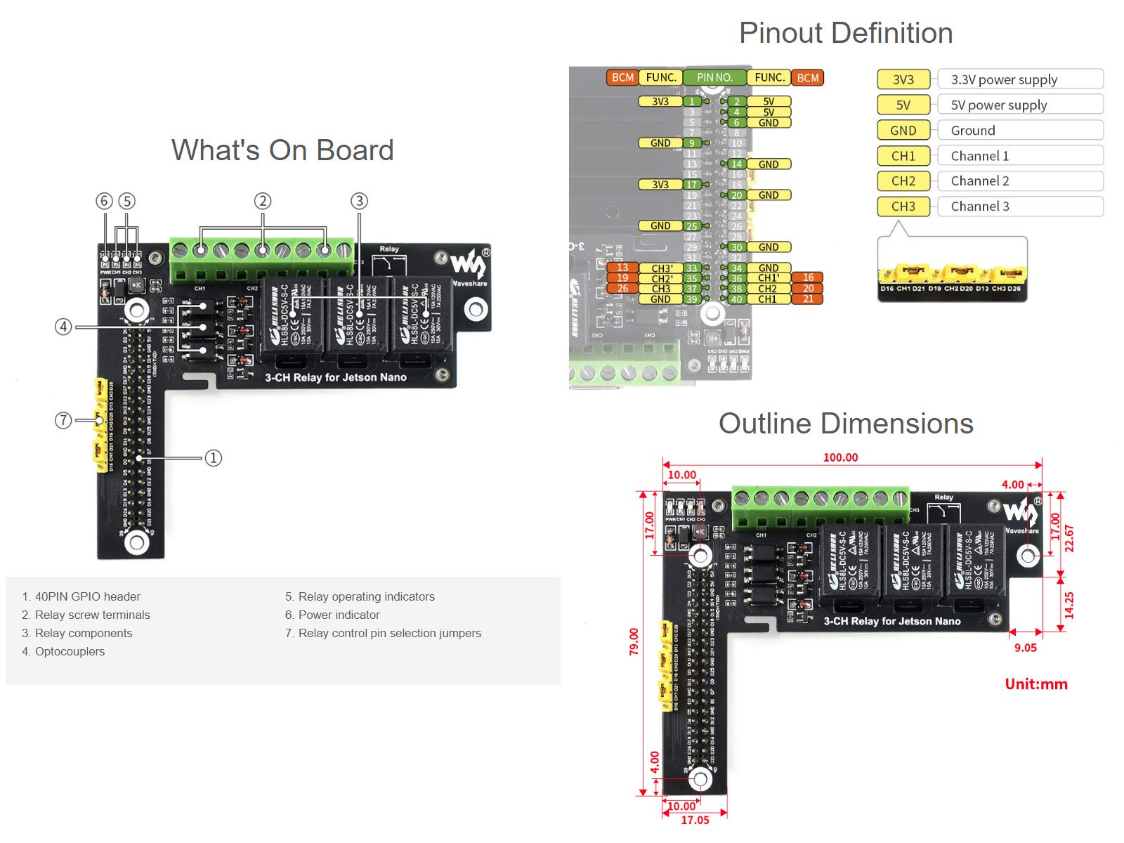 Waveshare 3-Ch Relay Expansion Board Designed for Jetson Nano Optocoupler Isolation