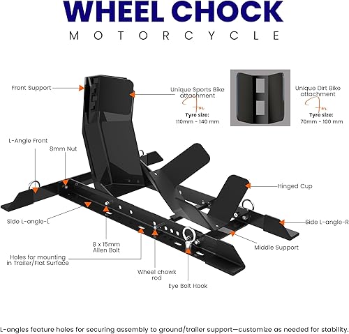 Miniatura 2 de GRAND PITSTOP Calzo de rueda universal para soporte de motocicleta para remolque, completamente ajustable, desmontable y plegable (negro)