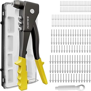 BLOSTM Pop Rivet Gun Kit - Full 200 Rivet Set with Pop Riveter & Carrying Case Containing 200 Rivets in 4 Sizes 2.4mm 3.2mm 4mm 4.8mm for Metal, Wood and Plastic - Complete Pop Rivet Set & Organiser