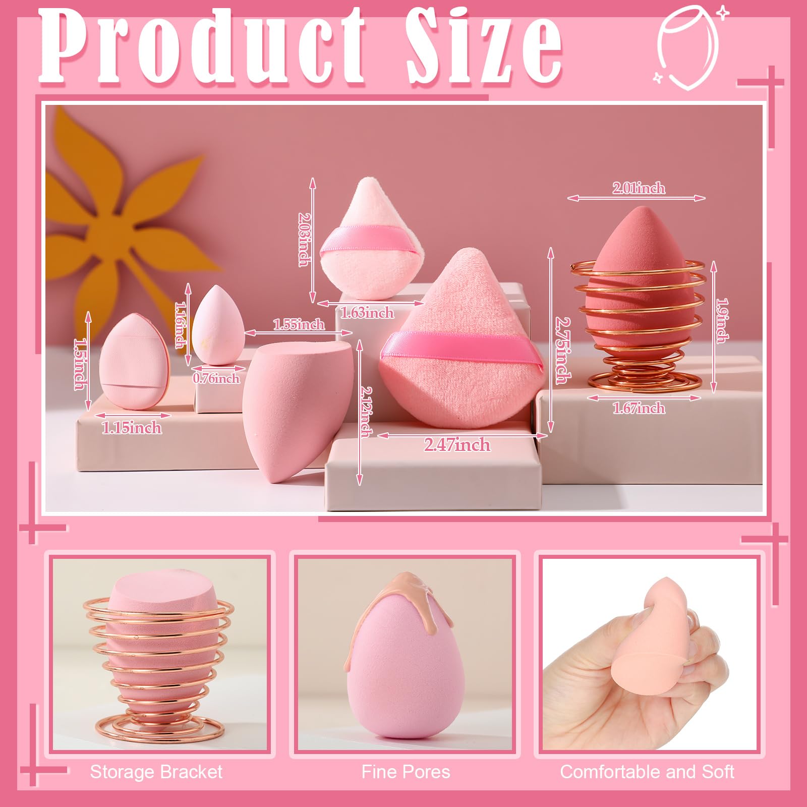 17-teiliges Make-up-Schwamm-Set mit 6 Puderquasten, 3 Mini-Make-up-Schwämmen, 3 Mini-Make-up-Schwämmchen und 1 Make-up-Schwammhalter (Rosa)