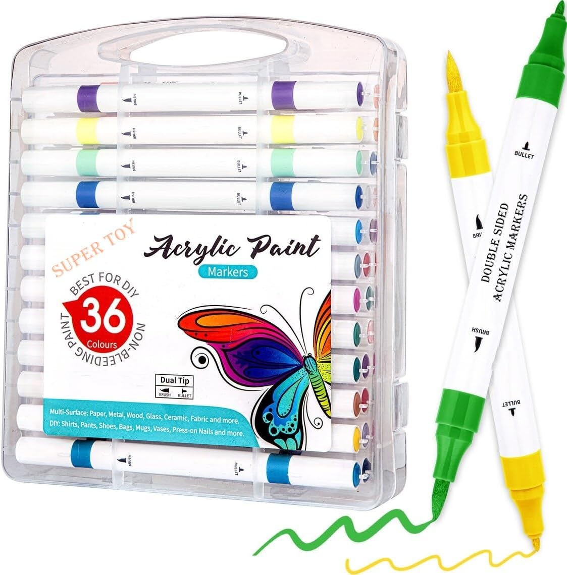 SUPER TOY36 Shades Dual Tip Acrylic Paint Pen Brush Markers Set for Kids Adult Colouring Drawing Art Craft Educational Gift School Supply