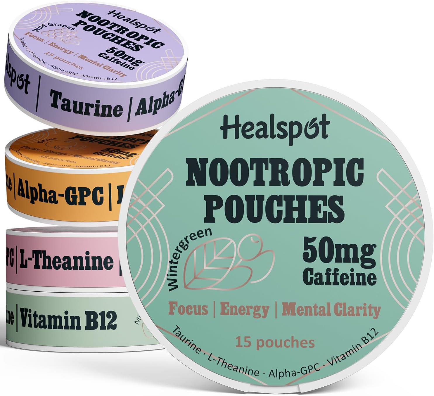 Nootropic Caffeine Pouches, Energy Pouches with 50mg Caffeine | Taurine | Vitamin B12 | Alpha-GPC | L-Theanine, Focus and Energy Supplements Variety Packs 5 Flavors