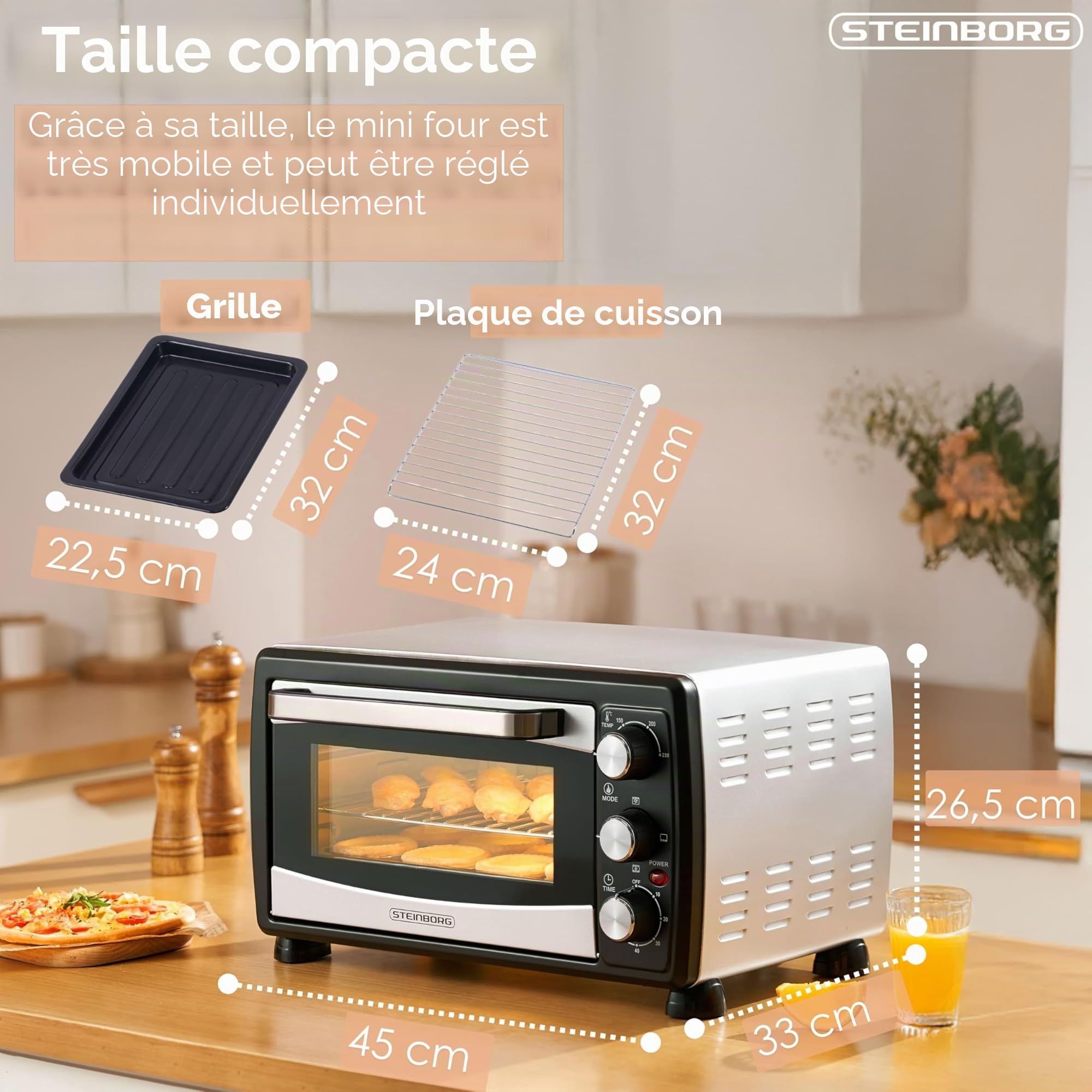 Steinborg Mini four à chaleur tournante, 20 l, plaque ramasse-miettes, fonction chaleur de voûte et de sole, 1400 W, mini four avec minuterie, petit four pour camping ou maison, autoportant