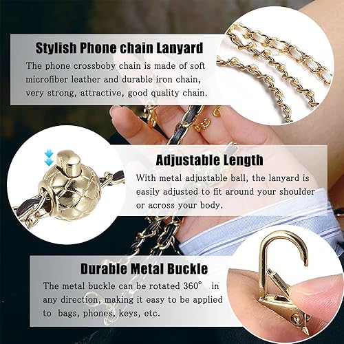 Miniatura 2 de Cadena cruzada para teléfono celular, correas ajustables para teléfono, correa de hombro de cuero y metal, con parches de sujeción para teléfono,