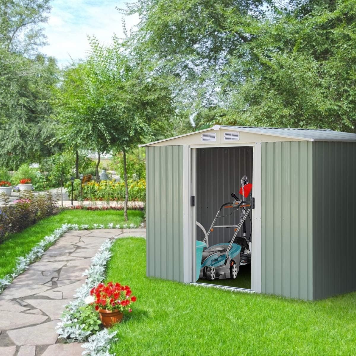 RELAX4LIFE Casetta da Giardino 5.26 m² 9.246 m³, 257x205x175,5 cm, in Lamiera d'Acciaio con 2 Porte Scorrevoli e 4 Sfoghi, Tetto Inclinato, per Porta Attrezzi, Tosaerba