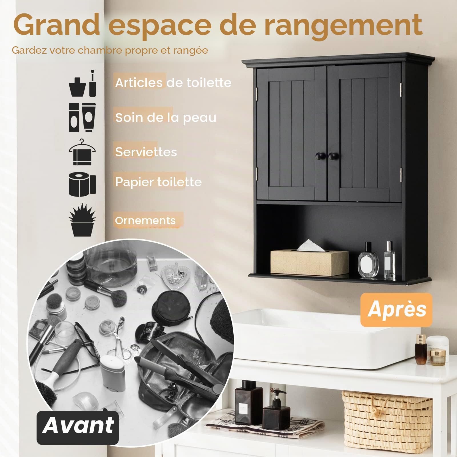GIANTEX Armoire Salle de Bain Suspendue en Bois, Armoire Murale avec 2 Porte, Étagère Réglable, Compartiment Ouvert, Placard Murale pour Toilette, Cuisine, Entrée, 60 x 20 x 71 CM (Noire)