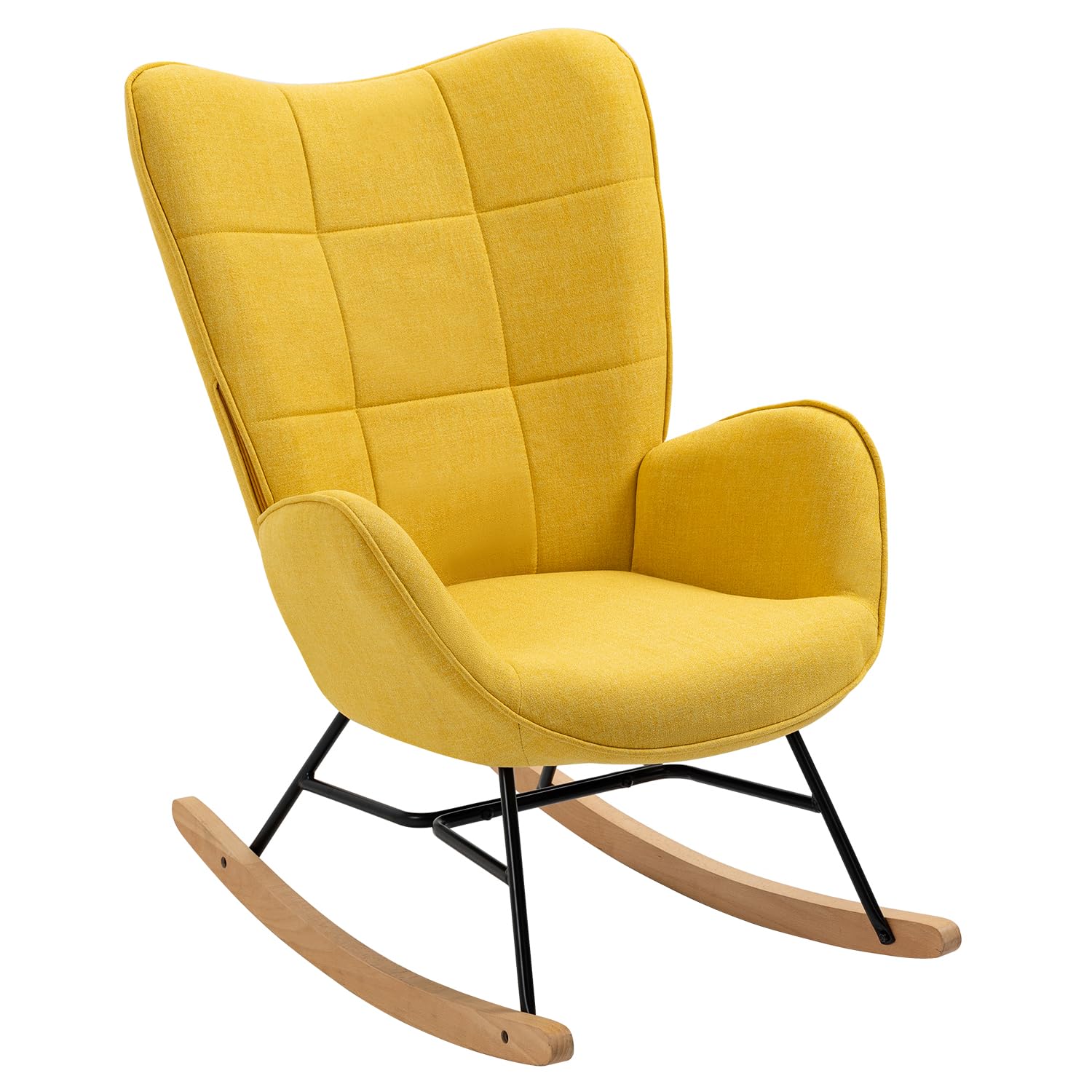 MEUBLE COSY Silla Mecedora Sillón de Relax Especial Lactancia Butaca Acolchada con reposabrazos, Respaldo Alto, de Tela con Patas de Madera Metal, para salón, Dormitorio, Amarillo
