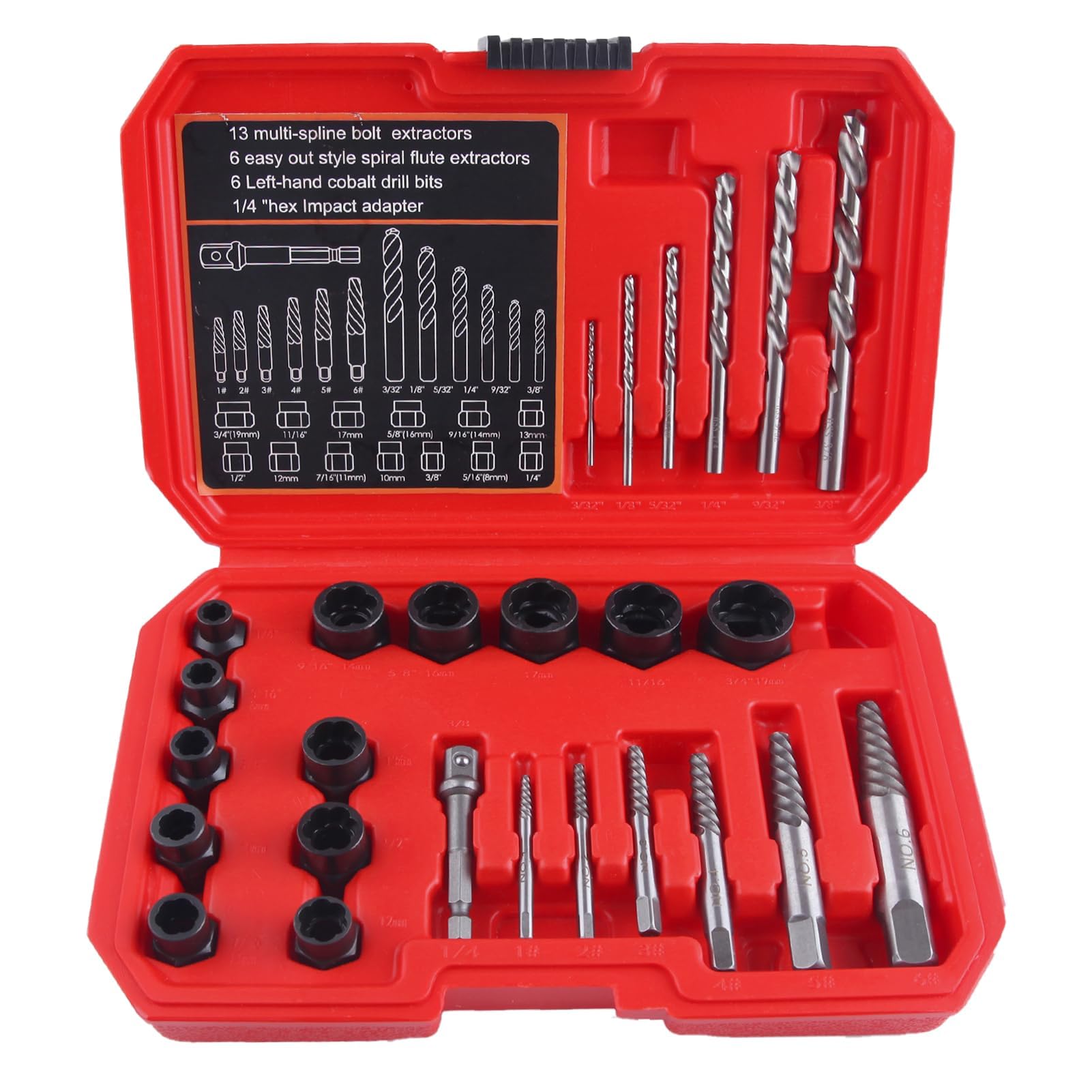 SPEEDWOX 26pcs extracteur de vis et forets main gauche Set Easy Out Kit extracteur de vis outils de démontage de boulon multi-cannelures foret main gauche extracteur de tête hexadécimal extracteur de