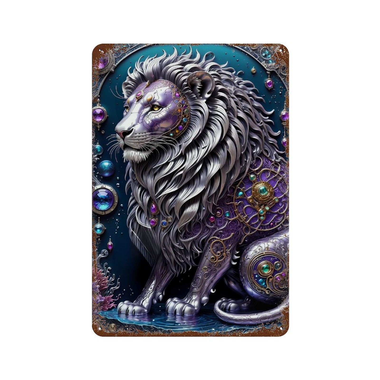 Rustic Tin Plaque with Steampunk Metal Lion Design 11.8"x7.9", for Cafe, Home Bar And Lounge Decor, Novelty Wall Decor