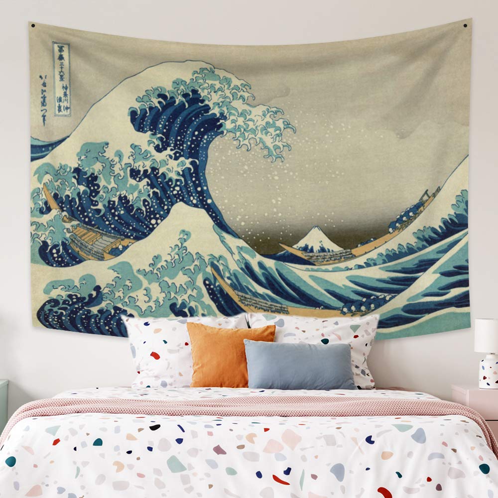 YONGFOTO 150 x 130 cm japoński gobelin Ukiyo-E, wielka fala wisząca na ścianie kanagawa łódź włókno poliestrowe gobelin na werandę dekoracja salon akademik narzuta na łóżko sztuka ścienna