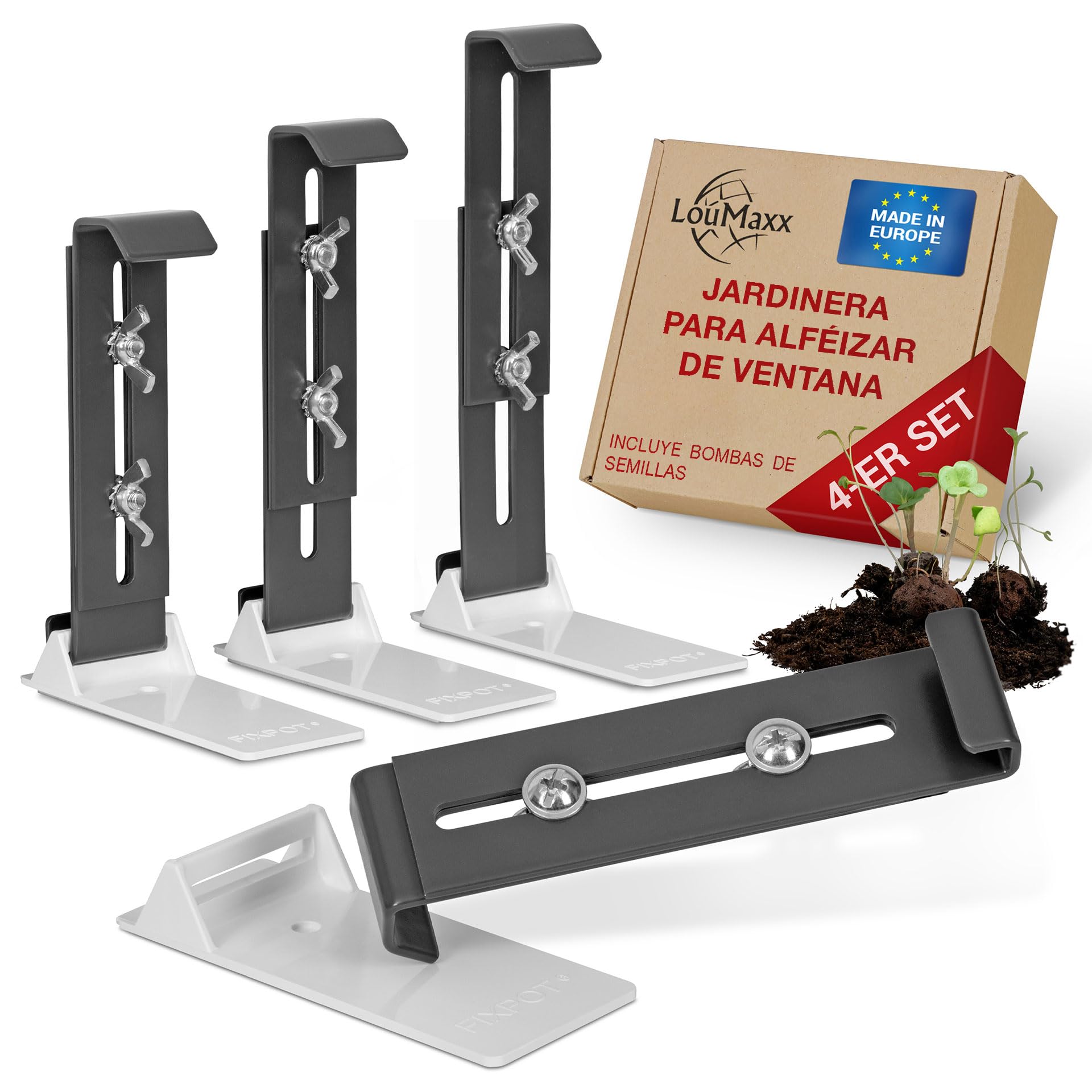LouMaxx Juego de 4 soportes para ventana sin taladrar para alféizar de ventana, color antracita, resistente, altura ajustable, incluye adaptadores y bombas de semillas