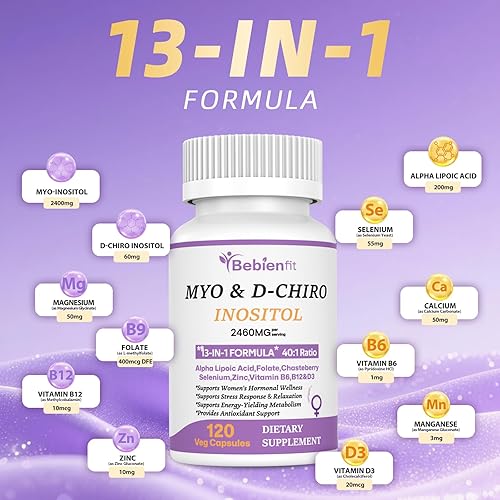 Miniatura 5 de Suplemento de inositol - Myo-inositol y D-Chiro Inositol Ideal 401 Proporción - Más Ashwagandha, Chasteberry