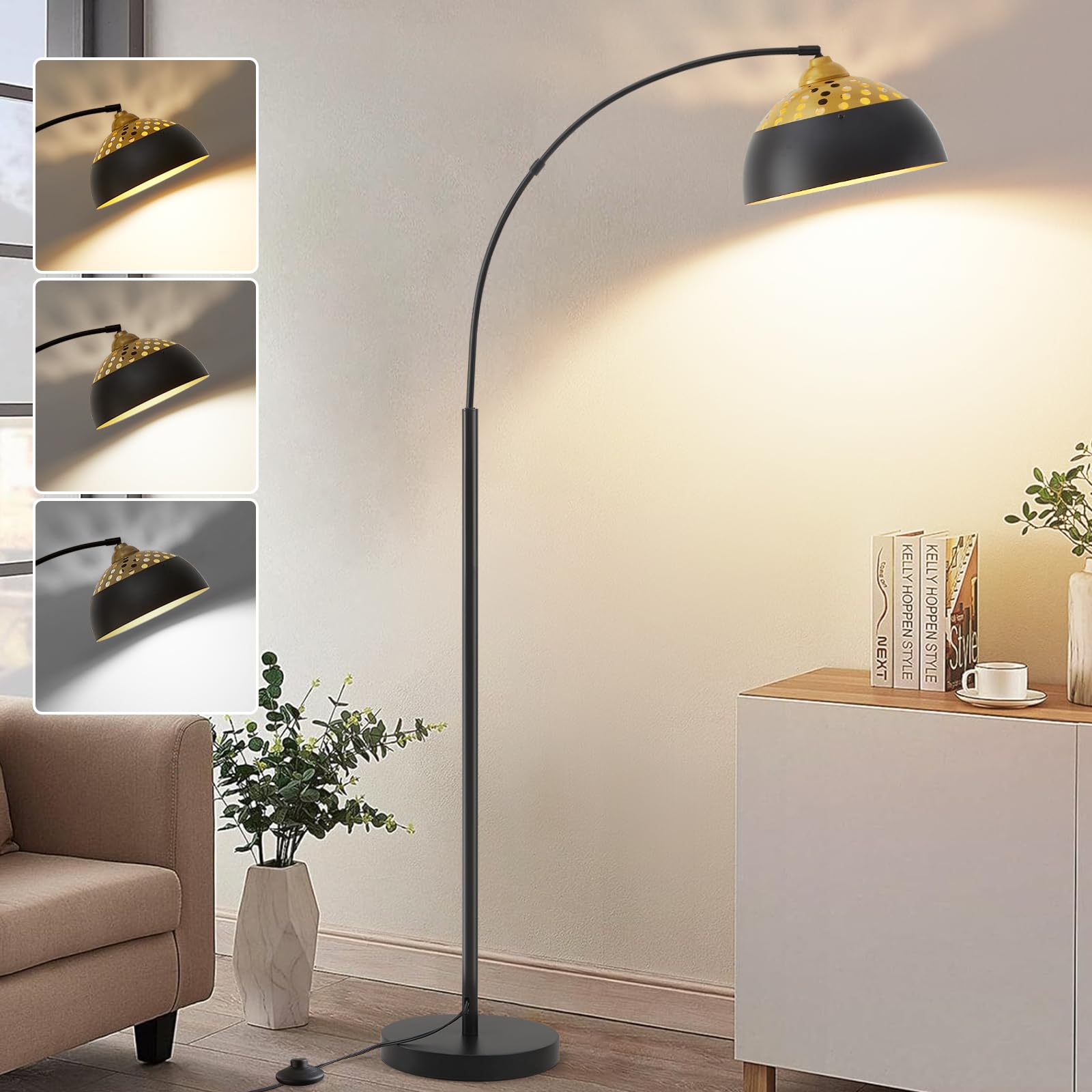 Luvkczc Arc Floor Lamps for Living Room, Black Standing Lamp with Adjustable Hanging Metal Hollow Shade, 71" Tall Pole Lamp with Foot Switch, Over Couch Arched Reading Light for Bedroom, Office