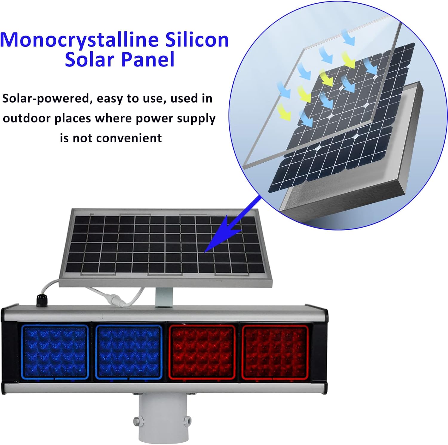 Close-up of the monocrystalline silicon solar panel and its connection to the light unit.