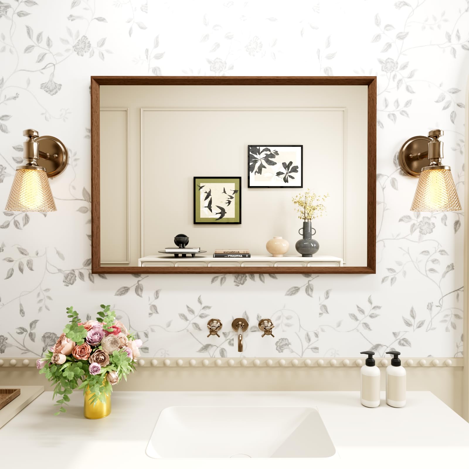 WEER Brown Bathroom Mirror, 45x65cm Polymer Frame Rectangular Wall Mirror with Wood Effect, Moisture-Resistant Vintage Home Decor for Bathroom, Bedroom, Living Room, Horizontal or Vertical — image 1