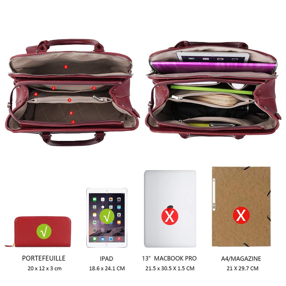 David Jones - Borsa a Mano Bugatti Elegante Donna - Borsa a Tracolla Spalla PU Pelle Molte Tasche Scomparti - Tote Shopper Bag Borsetta Grande Lavoro Satchel Cartella Manico Superiore - Rosso