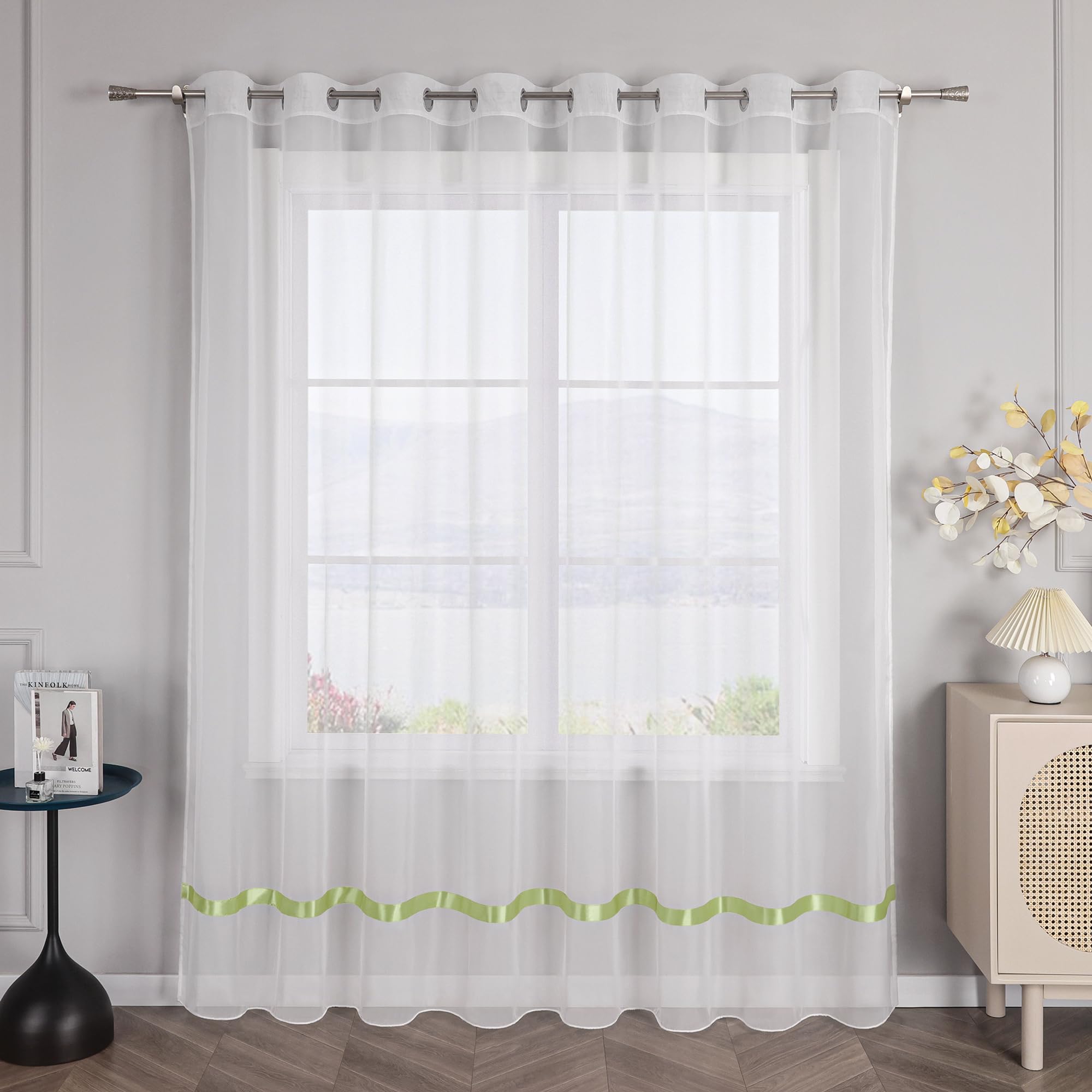 Uni Gardine mit Ösen Transparente Vorhang Weiß Stores Voile Gardine Schal Fensterschal Wohnzimmer Dekoschal mit Satinband 1 Stück BxH 450x170cm Grün