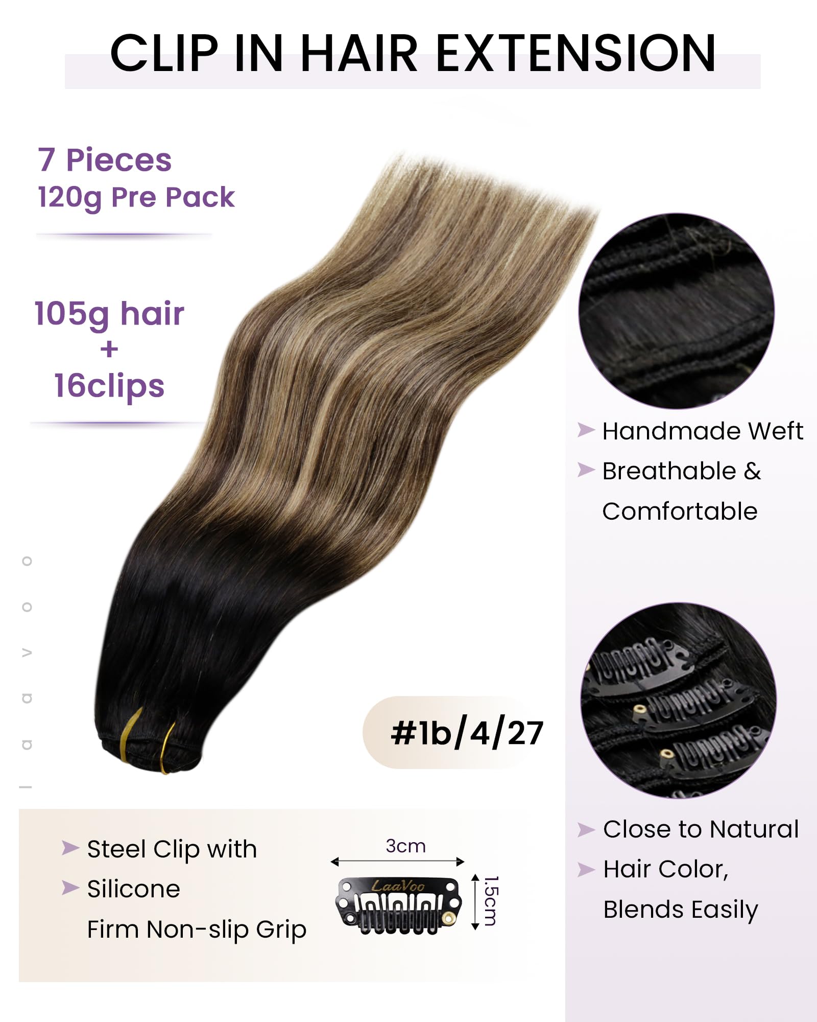 LaaVoo Clip in Hair Extensions Real Human Hair Black Hair Extensions Clip in Straight Balayage Dark Brown & Blonde Remy Hair Full Head Double Weft 80g 5pcs 12 Inch #1b/4/27 - Image 3