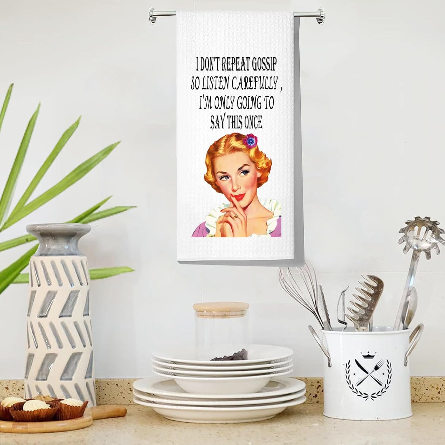 LEVLO Retro Sassy Housewife Kitchen Towel Housewarming Gift for Women Vintage Woman Waffle Weave Dish Towel Kitchen Decor (I Don't Repeat Towel) - Image 5