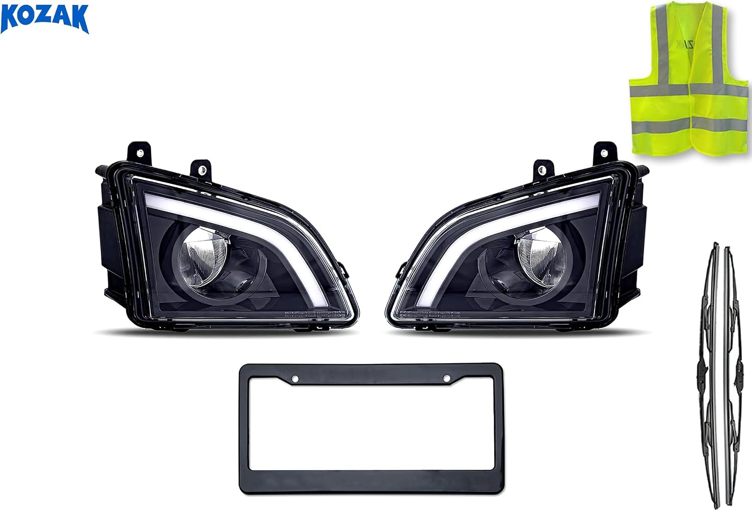 KOZAK Black Housing LED Fog Lights Compatible with Volvo VNL 2018+ PLUS Logo, 2x 22 Windshield Wipers, License Plate Frame Reflective and Vest