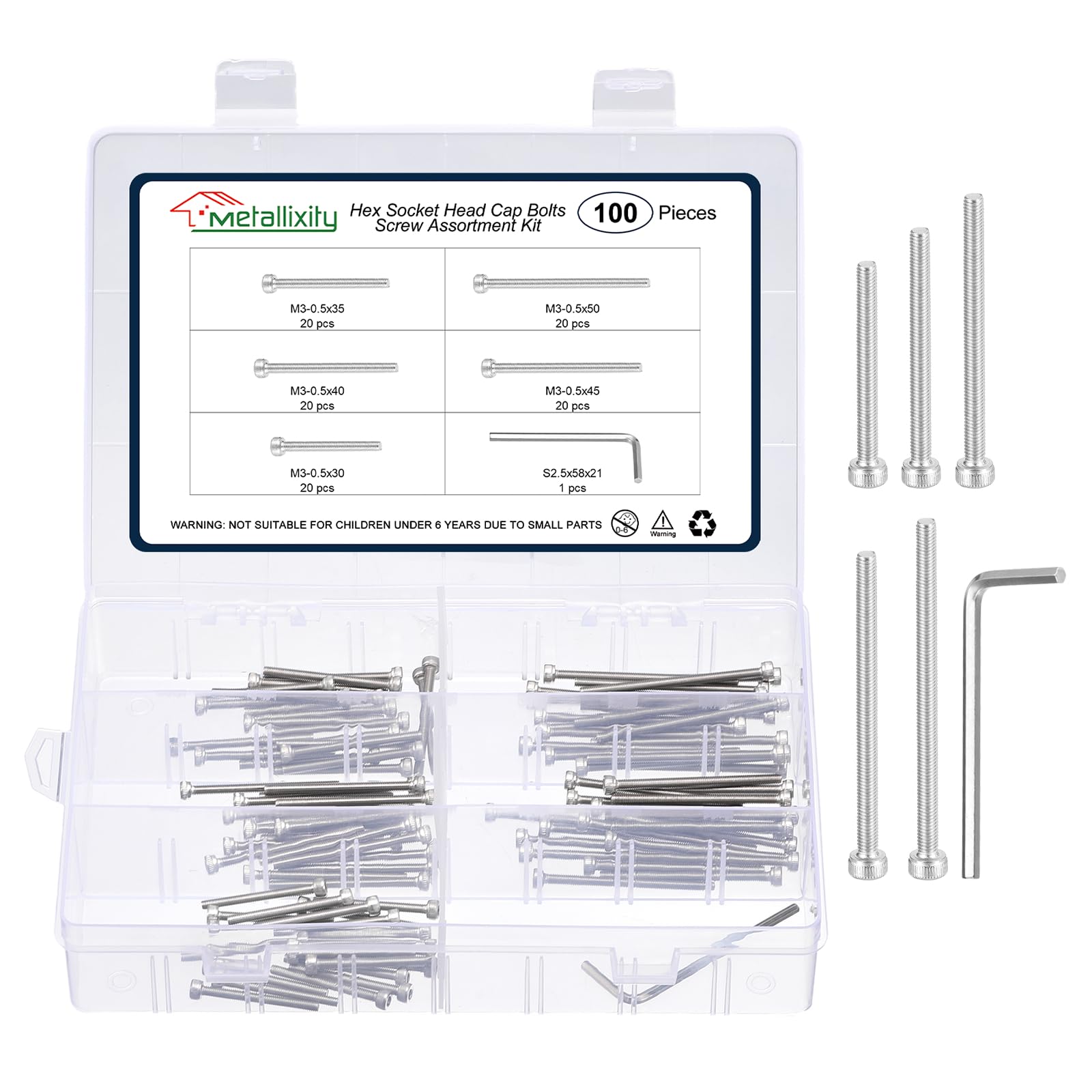 METALLIXITY Socket Head Cap Screws Kit (M3x30/35/40/45/50) 100Pcs, Stainless Steel Allen Socket Drive - Machine Internal Hex Screw, Silver โ image 1