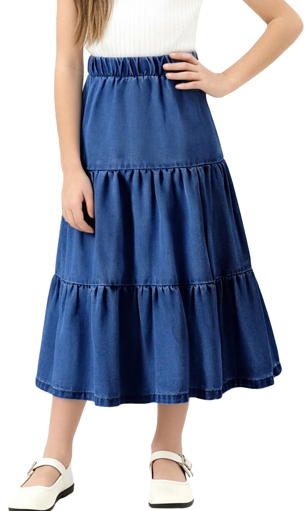 Happy Cherry - Jupe en Jeans Longue Fille Taille Élastique pour Fêtes École Carnaval Filles Jupes Maxi en Denim Trapèze Y2K Vintage Streetwear Enfants pour Été Hiver Printemps Automne - 110-164