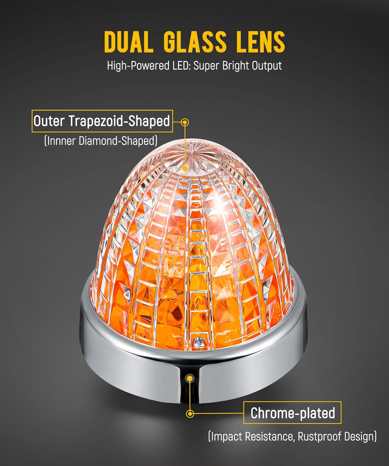 Partsam 2Pcs Glass Watermelon Lights Dual Lens Amber LED Side Marker Turn Signal Lights Chrome Bezel, Outter Trapezoid Innner Diamond-Shaped for Peterbilt Freightliner Trucks Trailers RVs, 10-30V