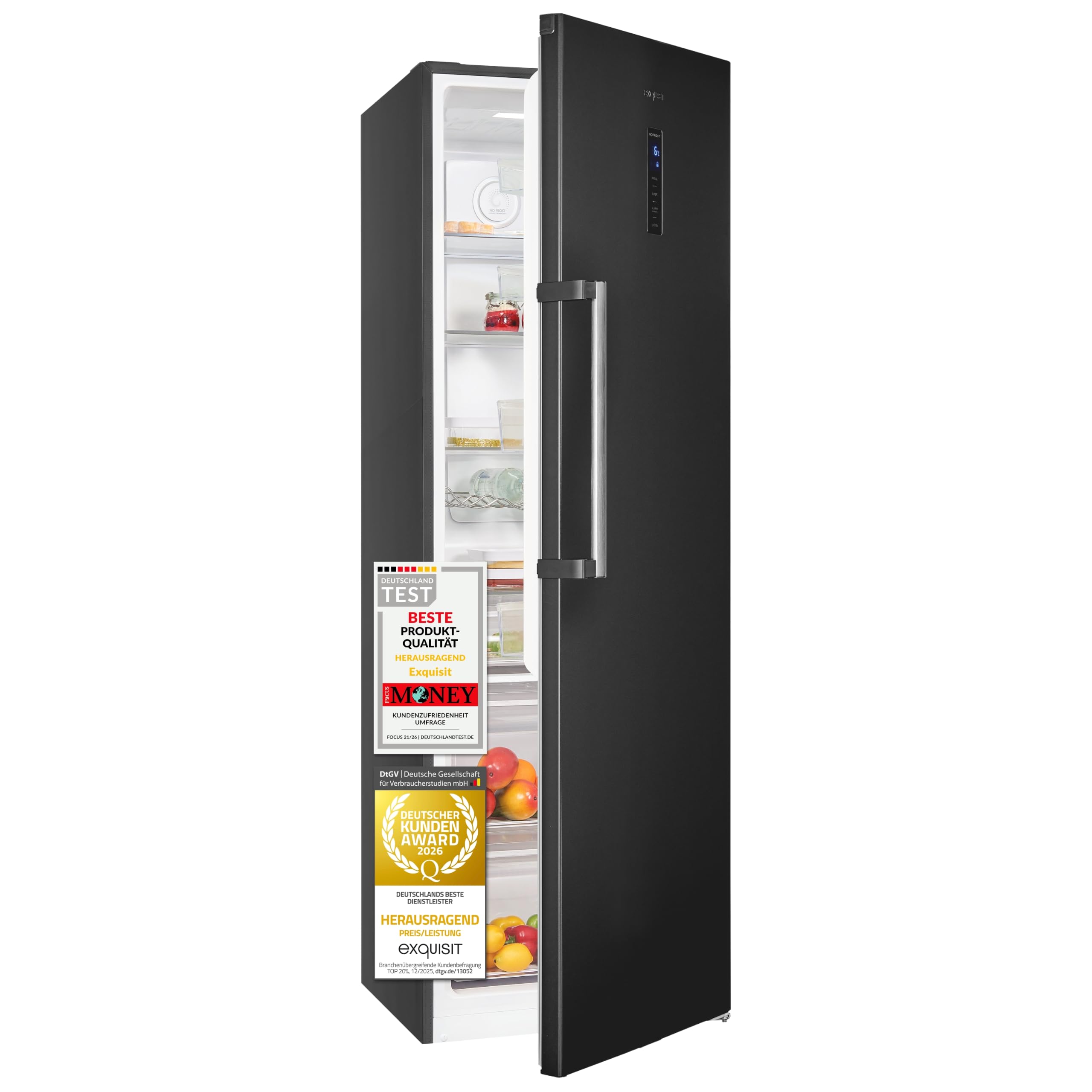 Exquisit Vollraumkühlschrank 359 l No Frost | Energieklasse C | Super-Kühlen | digitale Temperaturanzeige | LED-Beleuchtung | KS5360-V-HE-040C inoxlook-az | Inoxlook-az