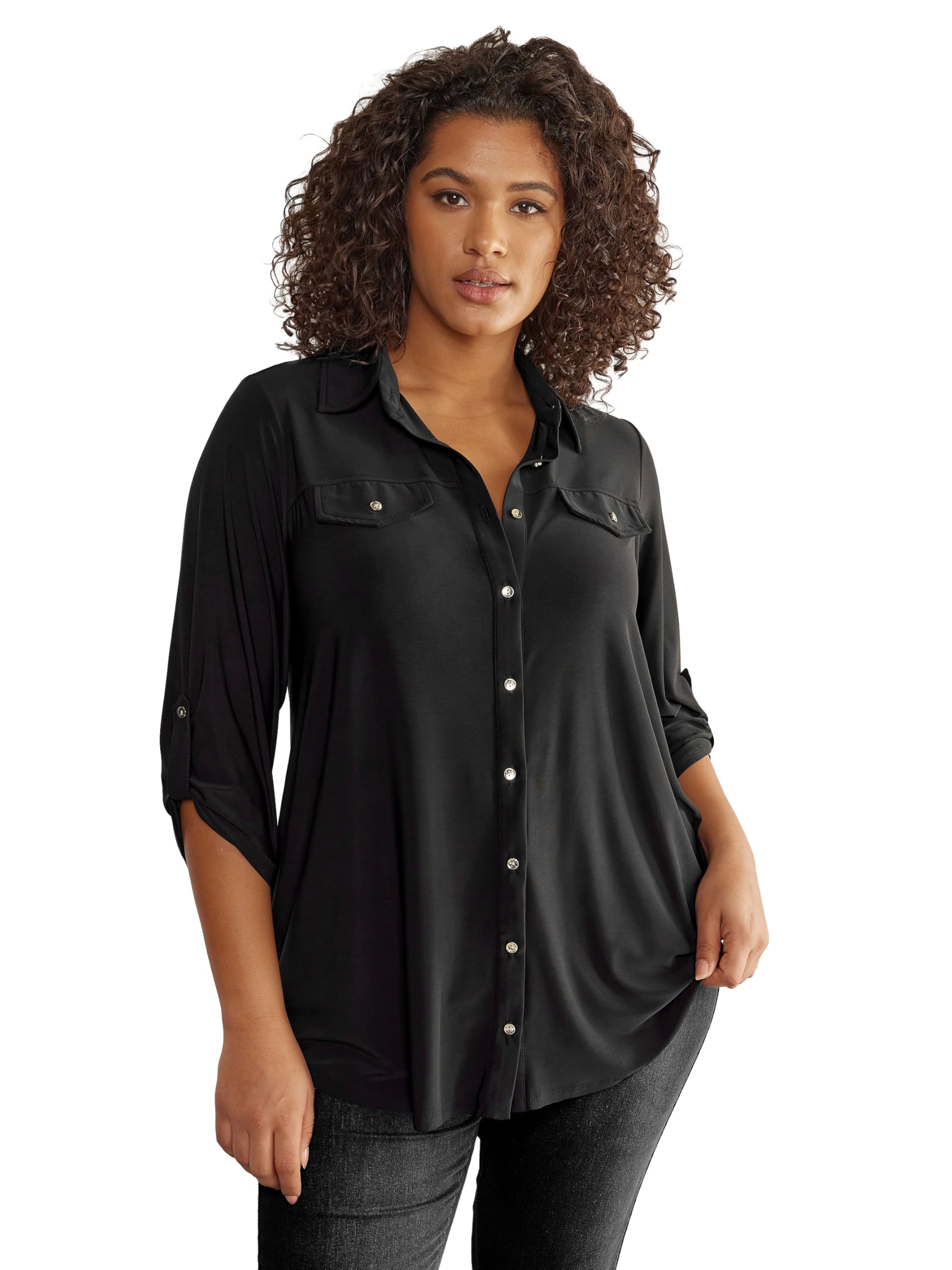Evans Women's Black Curve Tab Sleeve Blouse - Plus Size Curve