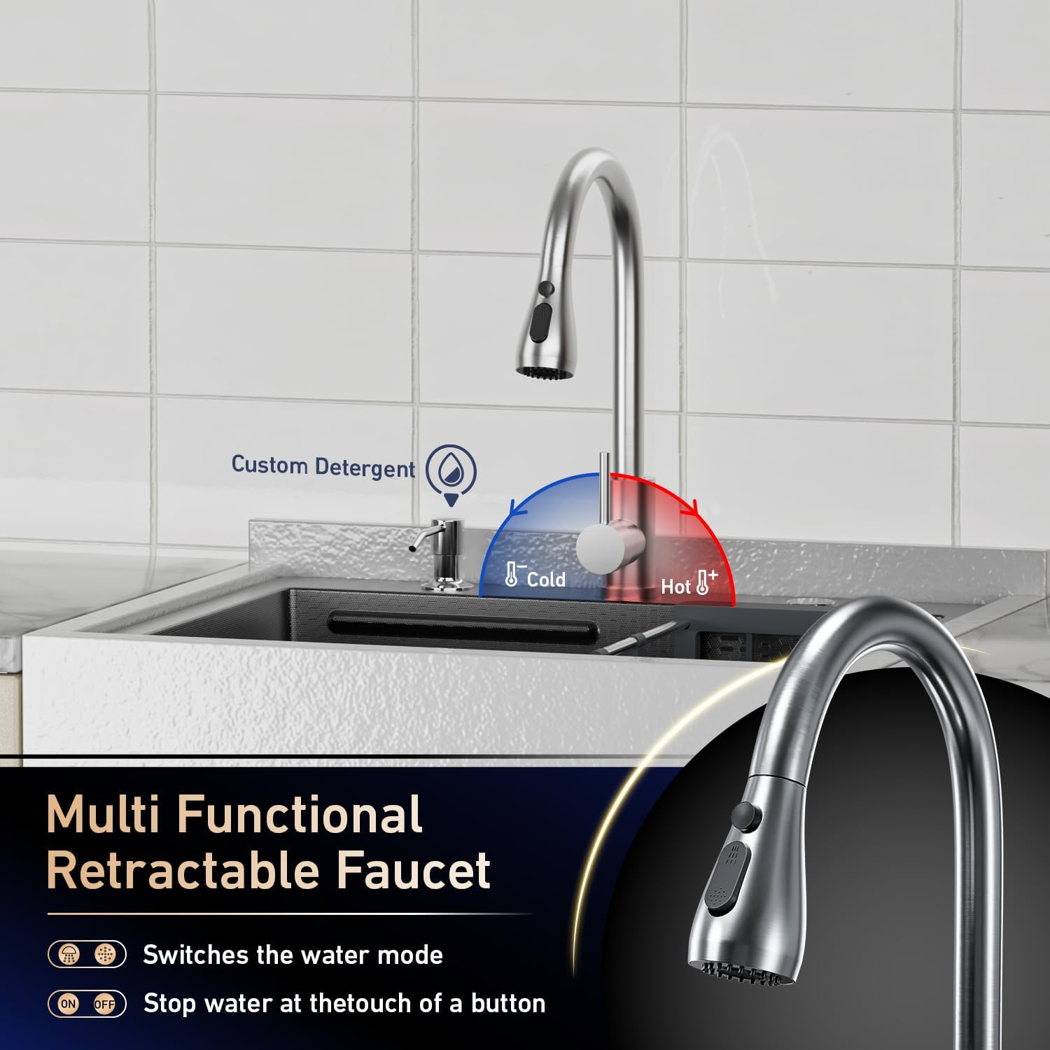 26" Freestanding Stainless Steel Utility Sink with Cabinet, Heavy-Duty Commercial Sink with Retractable Cold and Hot Water Faucet, Single-Bowl Kitchen Sink for Workshop, Garage, Laundry Room