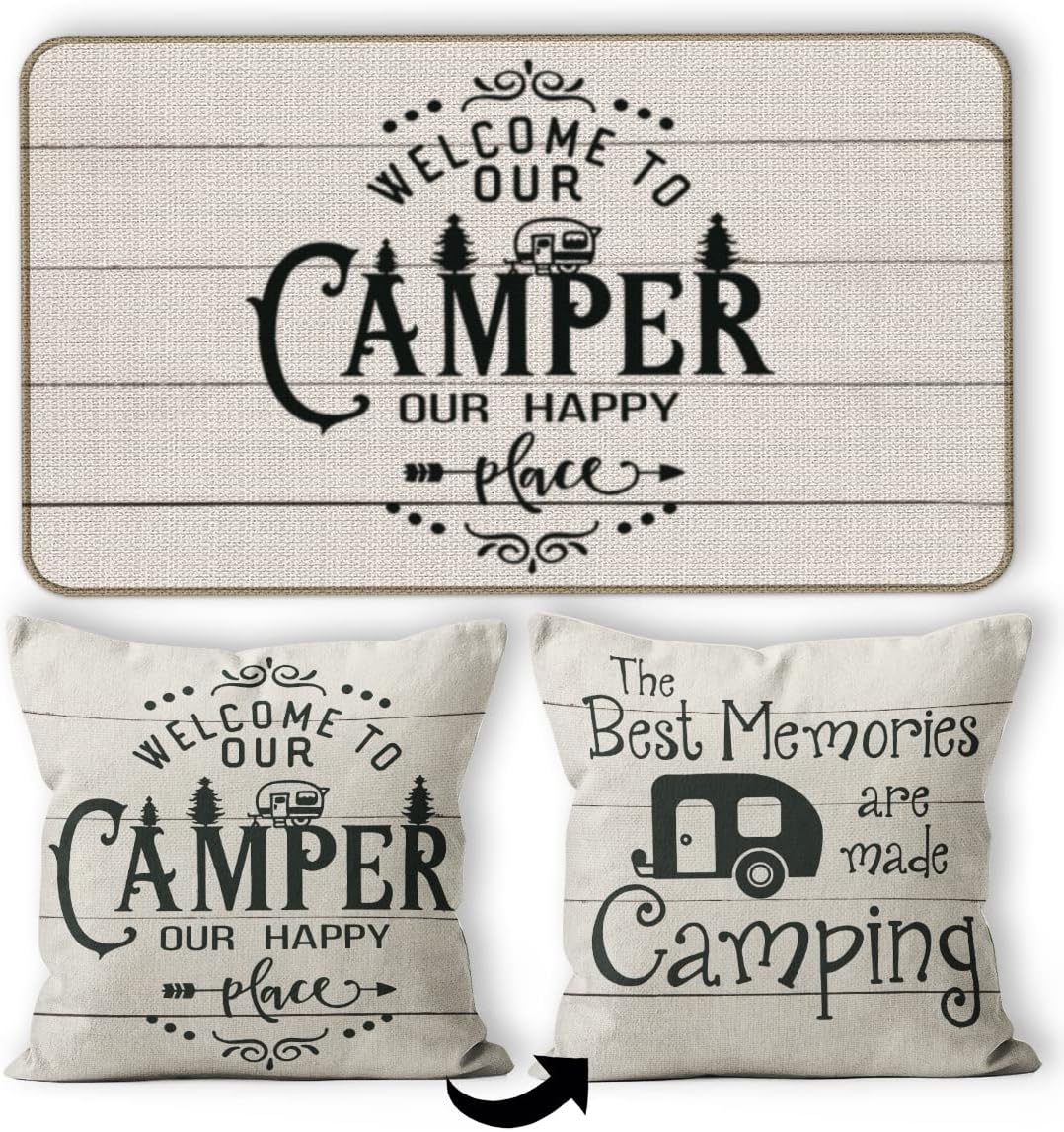 Camper Decor 2 Pieces Set - 30''x17'' RV Door Mat, 18x18 Pillow Cover, 1 Camping Door Mat 1 Camper Pillows Case, RV Gifts