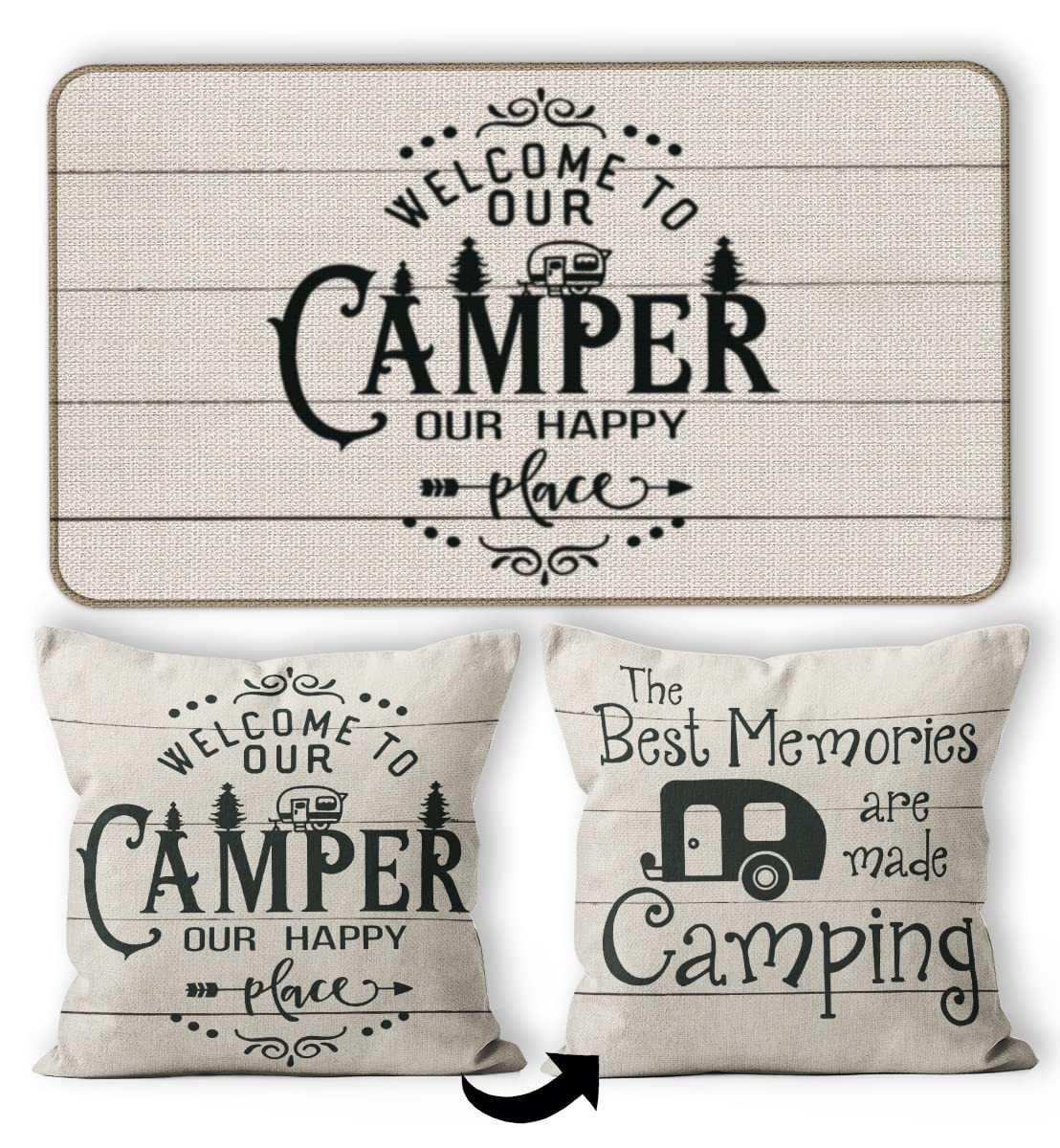 Camper Decor 2 Pieces Set - 30''x17'' RV Door Mat, 18x18 Pillow Cover, 1 Camping Door Mat 1 Camper Pillows Case, RV Gifts