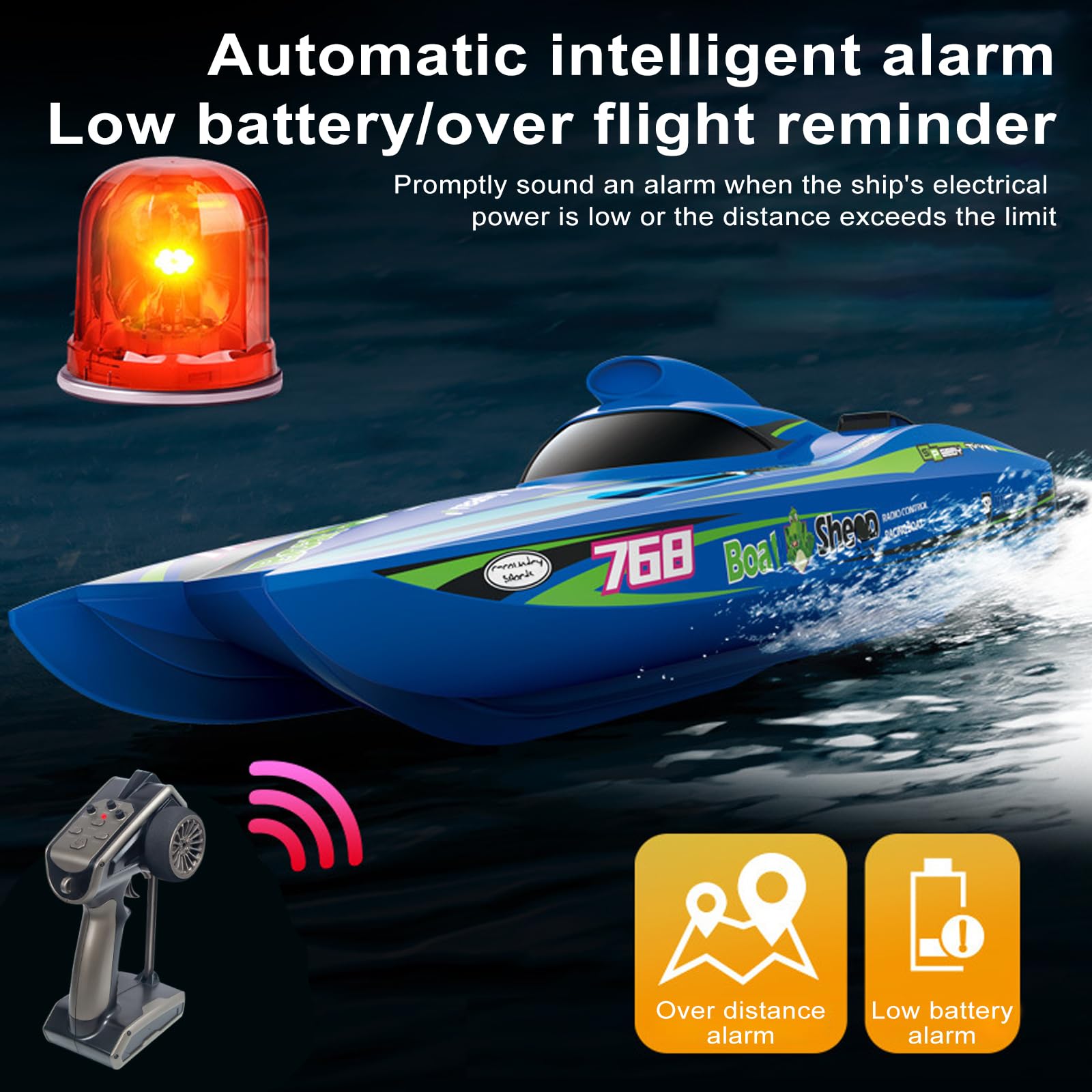 Goolsky Bateau télécommandé 2,4 GHz, Haute Vitesse 30 km/h, turboréacteur sans balais, télécommande de Refroidissement du Bateau, étanche, Batterie Faible/Rappel de Distance.