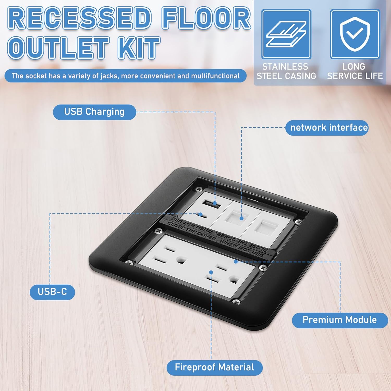 Hoolerry Floor Outlet Cover Plate, 15 a Duplex Receptacle & Triple Charging Ports (USB + USB C + Ethernet), 2 Gang Steel Recessed Outlet Box, Black