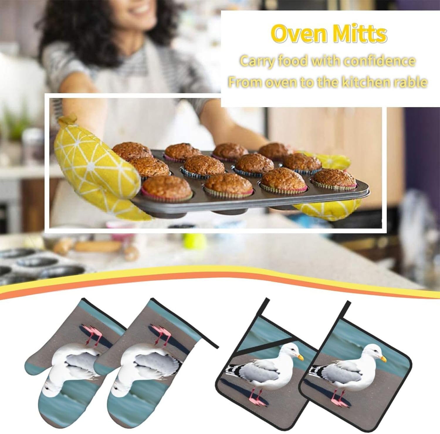 Cute Seagull Prints Kitchen Covers: Waterproof Oven Layers for Safe Cooking & Easy Cleanup - 4 Piece Heat Protection Set