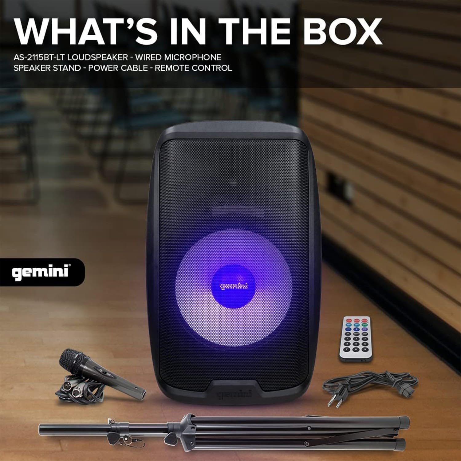 Gemini AS-2115BT-LT-PK, Enceinte Sono Boomer 15", à LED - 2000W, USB SD Bluetooth TWS FM, Pied, + Clé USB 32G