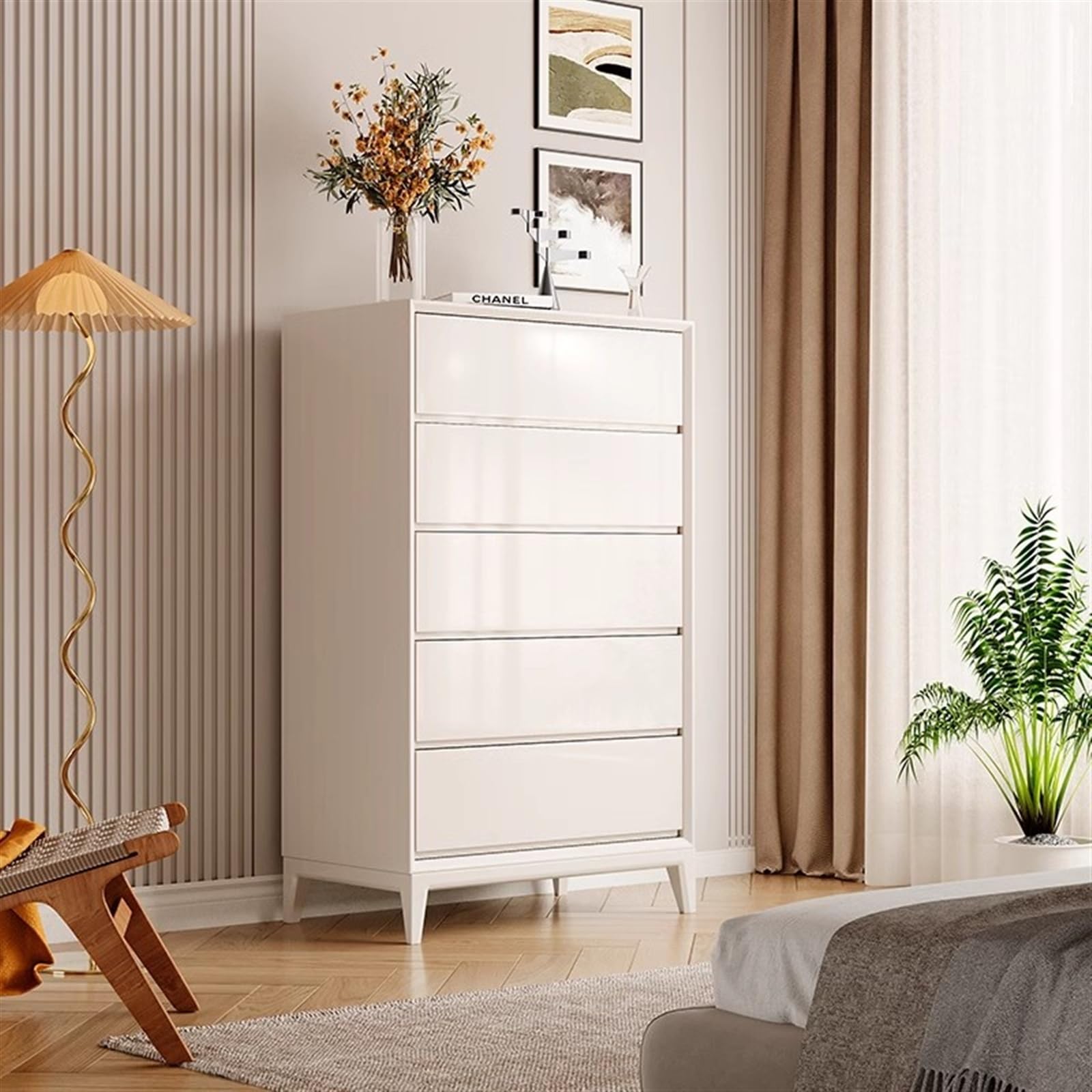 disegni di stoccaggio Cassettiera a 5 cassetti Comò di lusso leggero Camera da letto in legno massello a cinque Credenza decorativa for soggiorno moderna