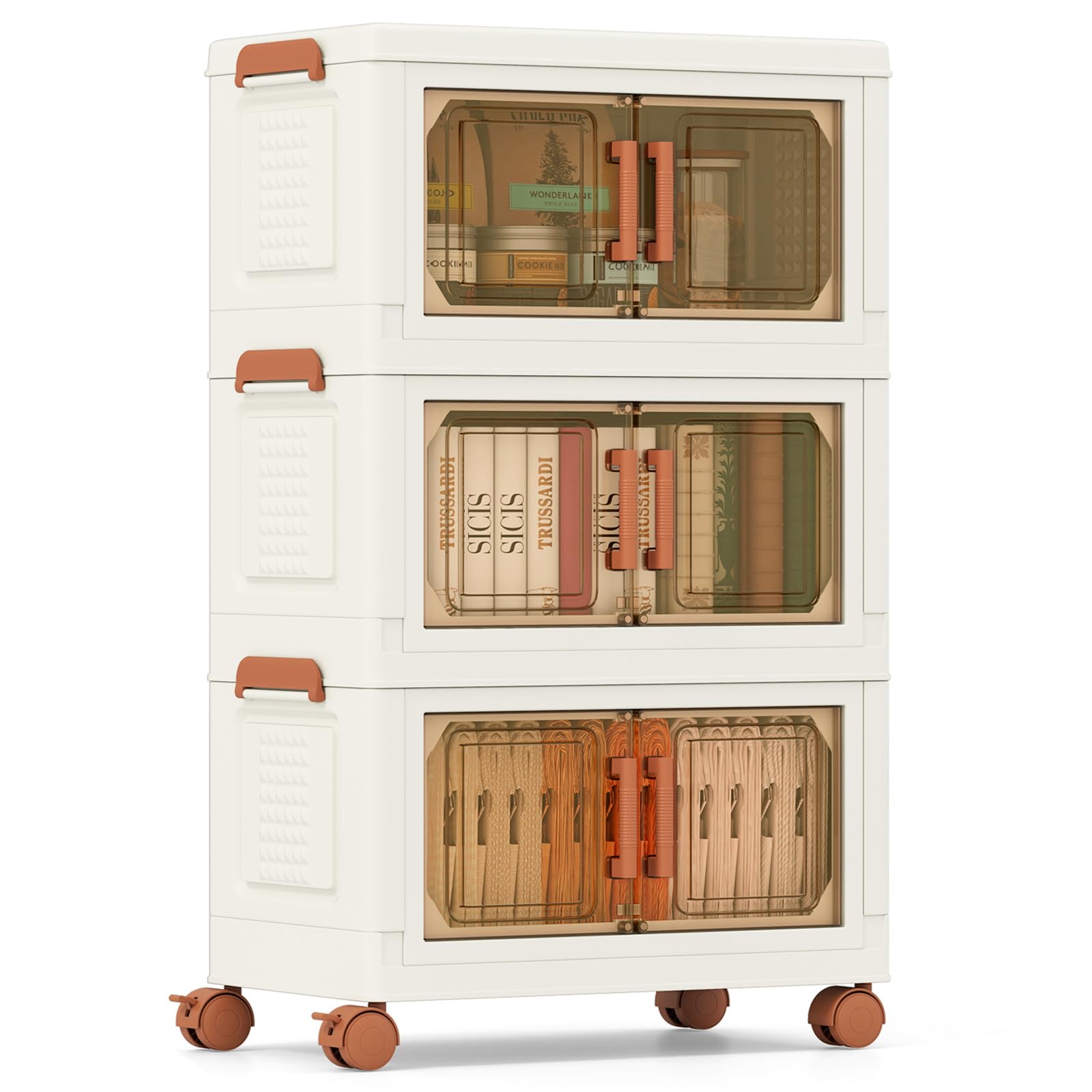 COSTWAY Caja de Almacenamiento Plegable 57 L, Paquete de 3 Contenedores de Almacenaje de Plástico con Puertas de Apertura Frontal, Cajas de Almacenaje Apilables con 4 Ruedas, para Dormitorio