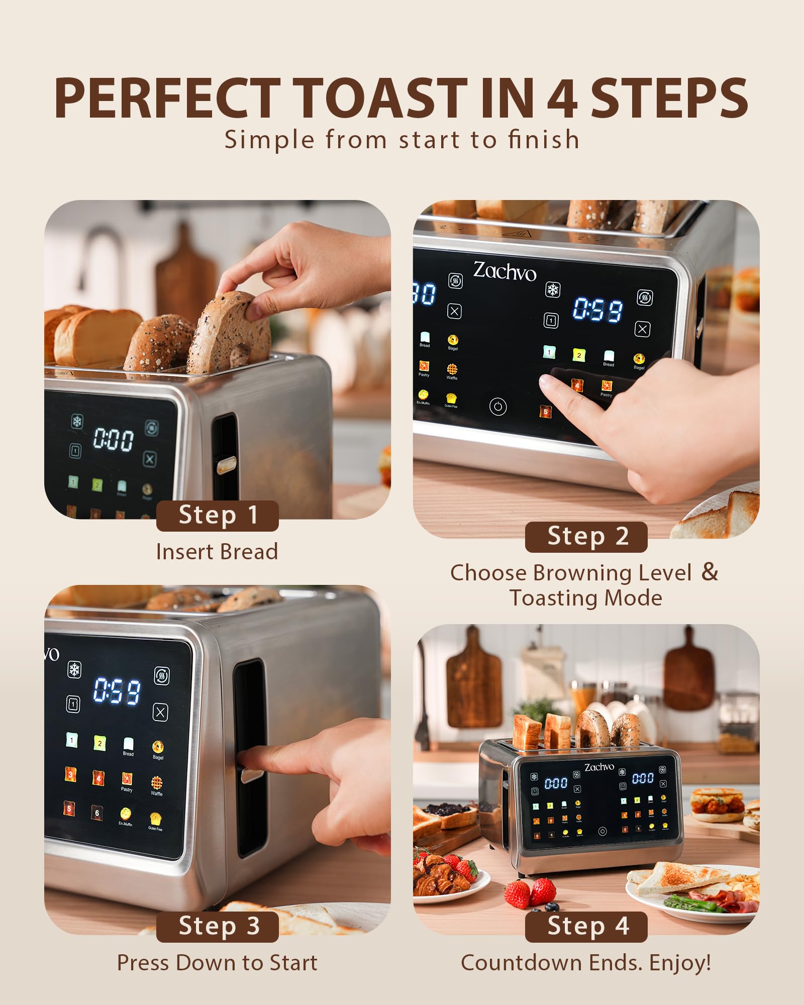 Toaster 4 Scheiben mit 2 unabhängige Toastzonen und Touchscreen