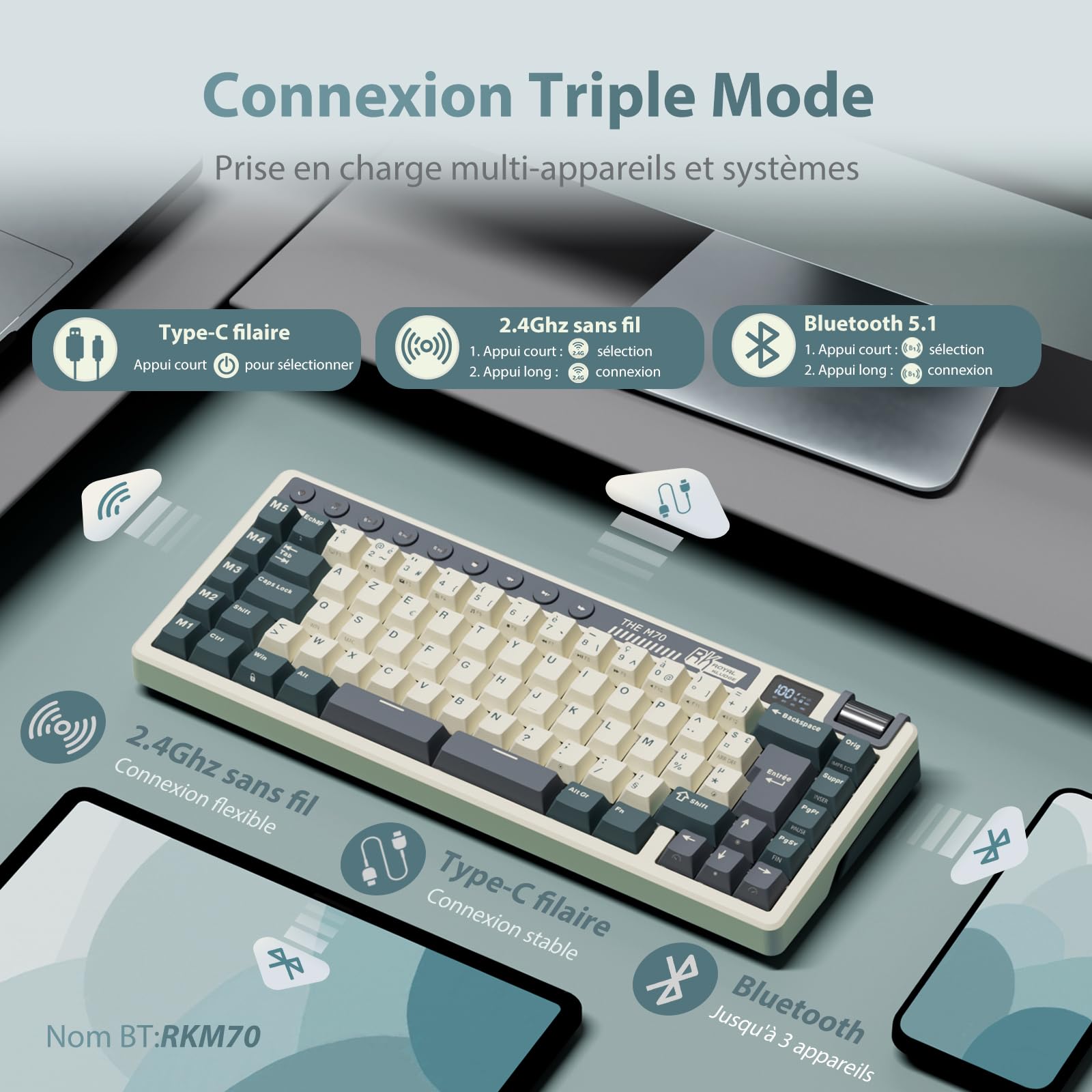 RK ROYAL KLUDGE M70 Clavier Mécanique 75% sans Fil - Triple Connexion, 5 Macros Programmables, Écran État, Molette Verticale, Switches Creamy Tactiles Hot-Swap, AZERTY Français, Batterie 6000mAh