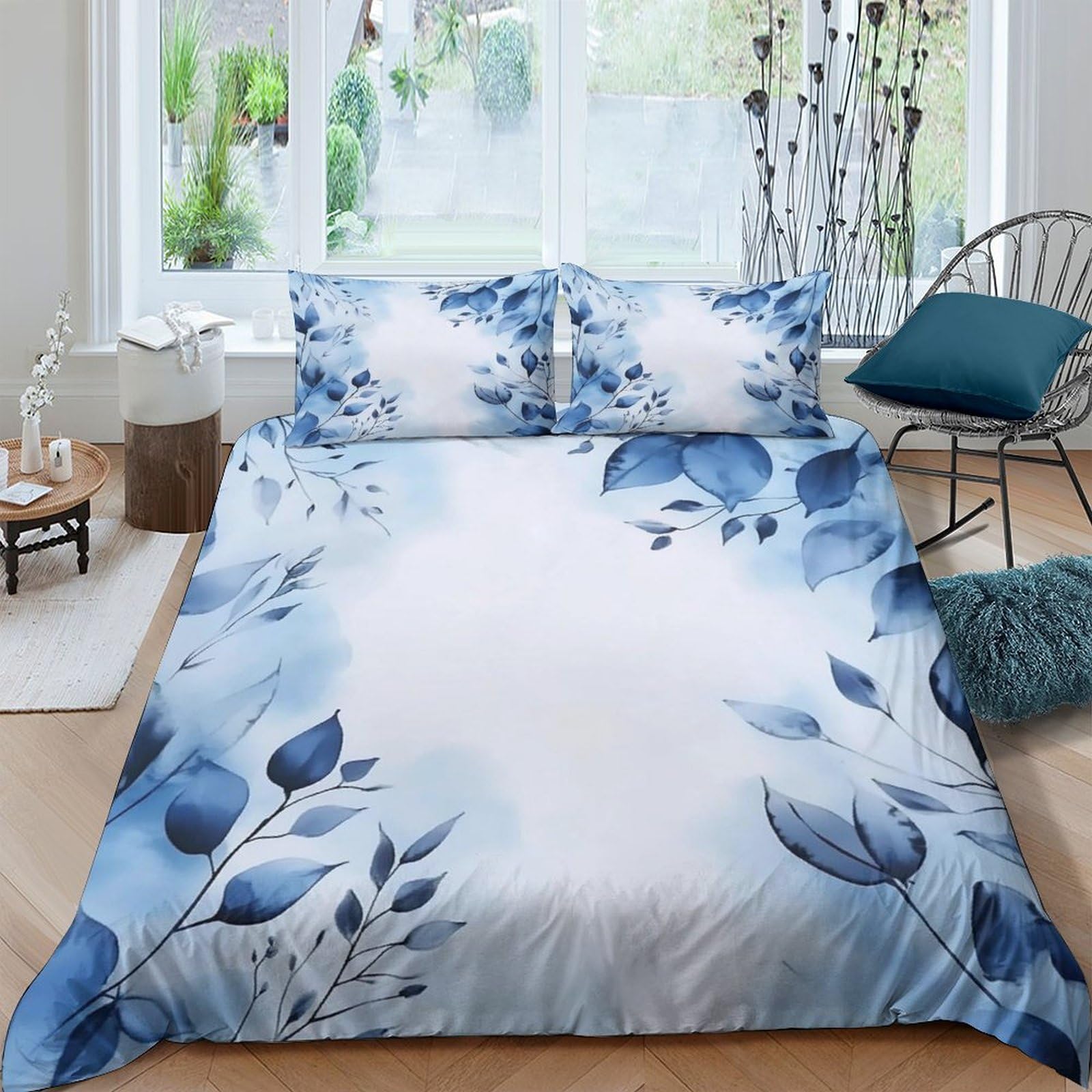 Ctjqhvkz Style-3 3D Printed Blue Watercolor Leaf Fitted Sheet Microfiber Soft Breathable Abstract Floral Mattress Cover For Bedroom Decor Single（135X200cm）
